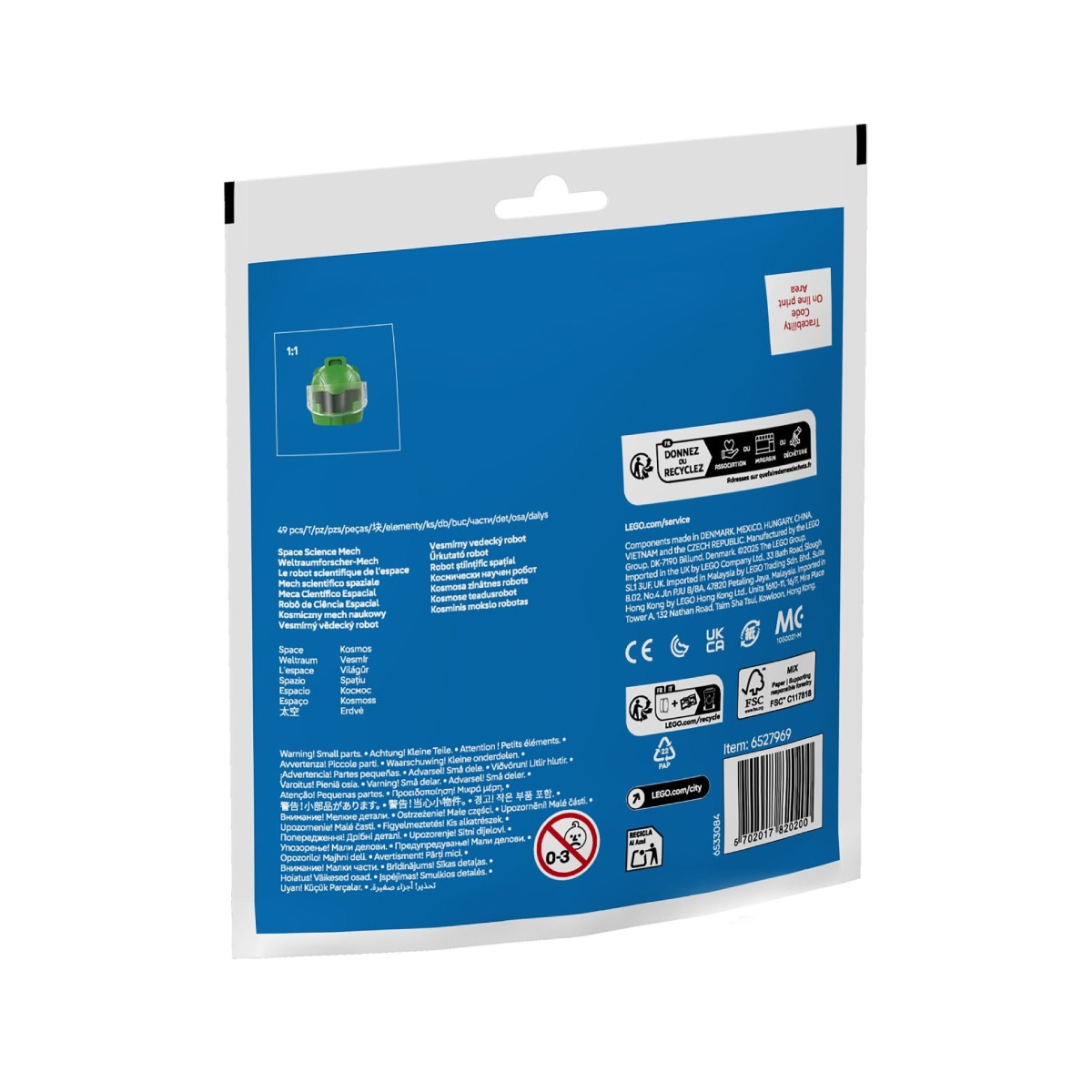 Emballage de capsule spatiale LEGO verte avec image produit et texte multilingue.