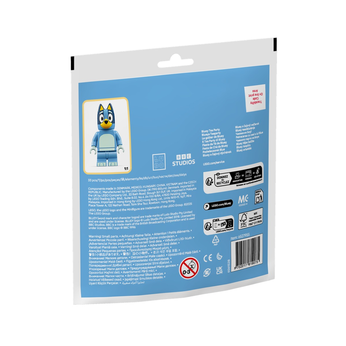 Emballage avec une mini-figurine Bluey. Comprend des avertissements et des infos.