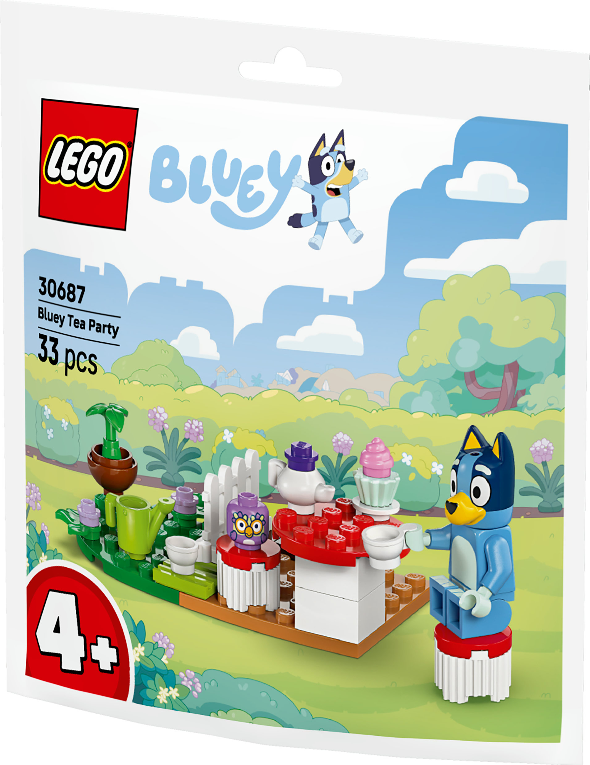 Set Lego Bluey Tea Party avec figurines, gâteau et éléments de jardin.