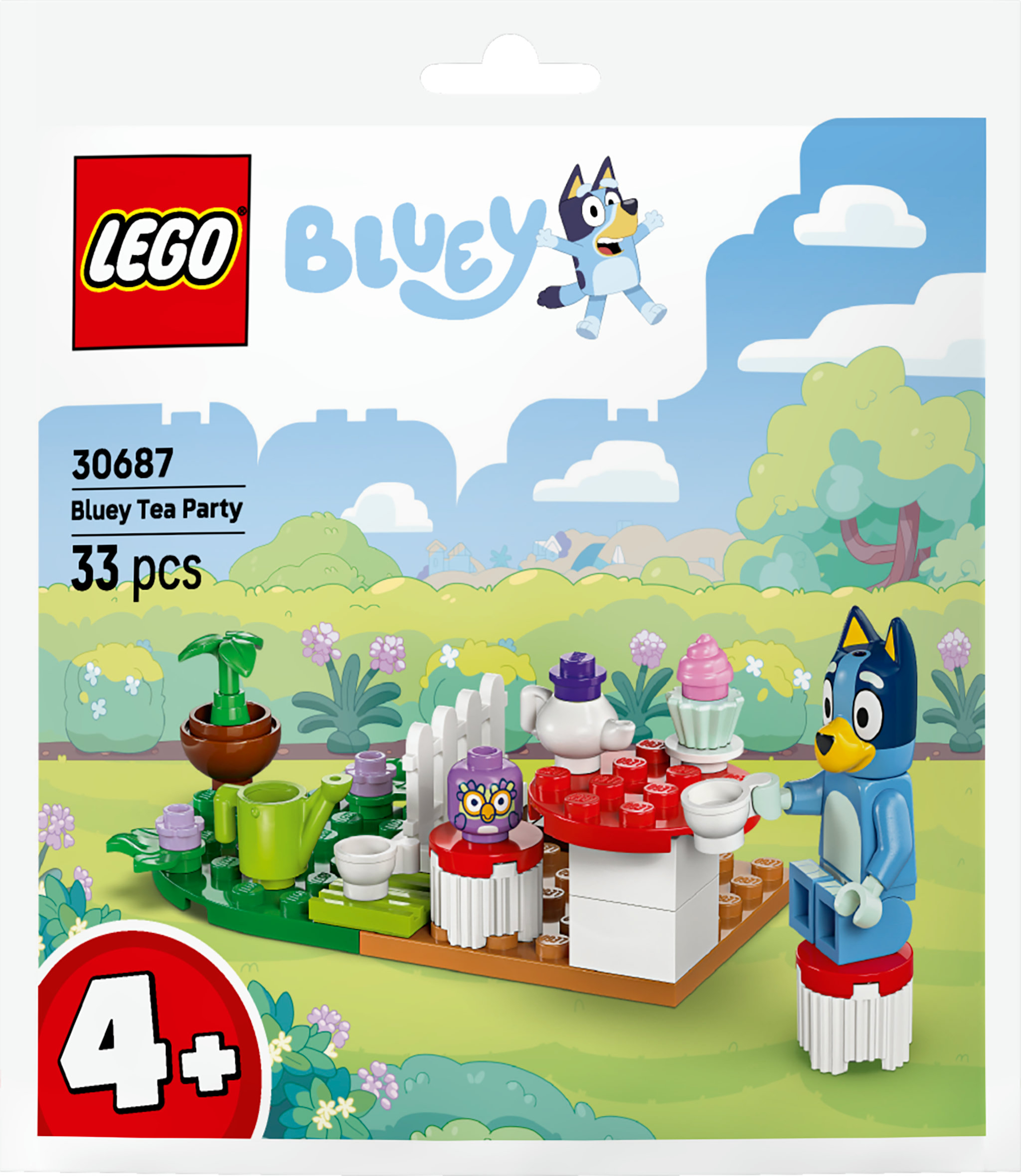 Set Lego Bluey Tea Party avec figurine, petits gâteaux et éléments de jardin.