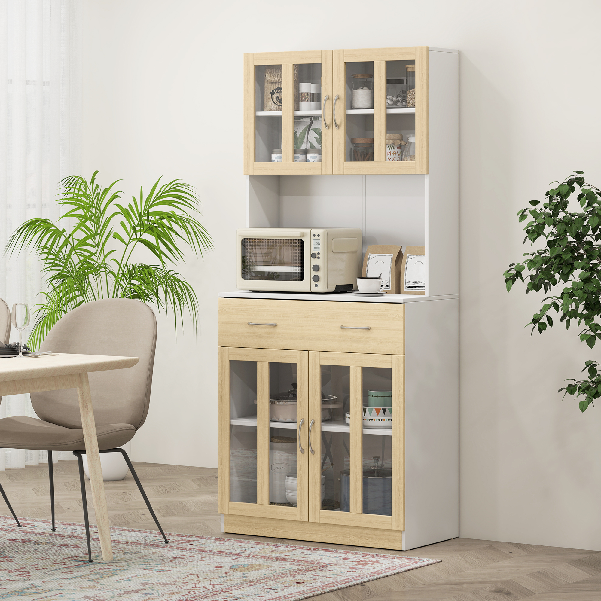 Un mueble de cocina con puertas de cristal, microondas y plantas.