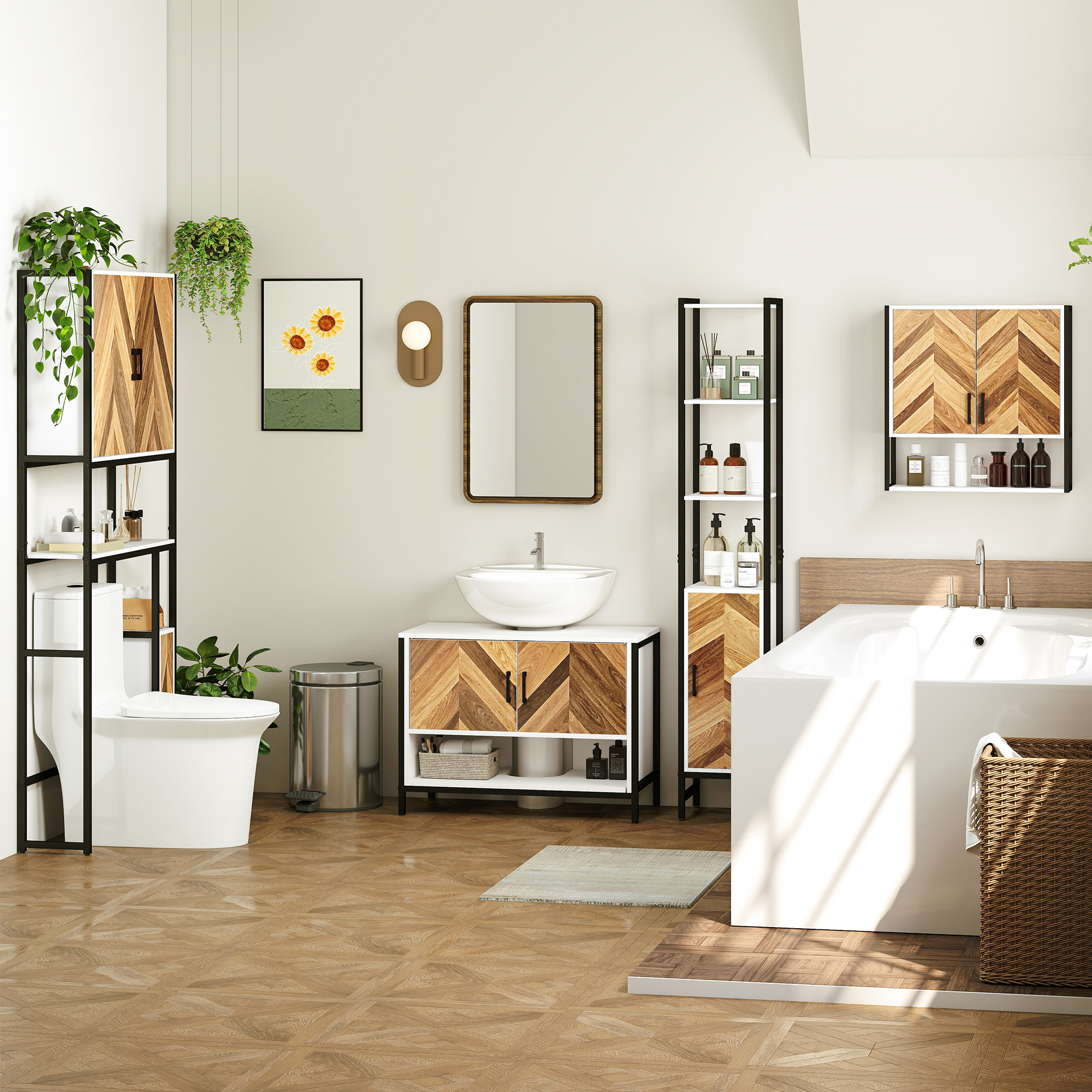 Baño moderno con inodoro, lavabo, espejo, bañera y plantas.
