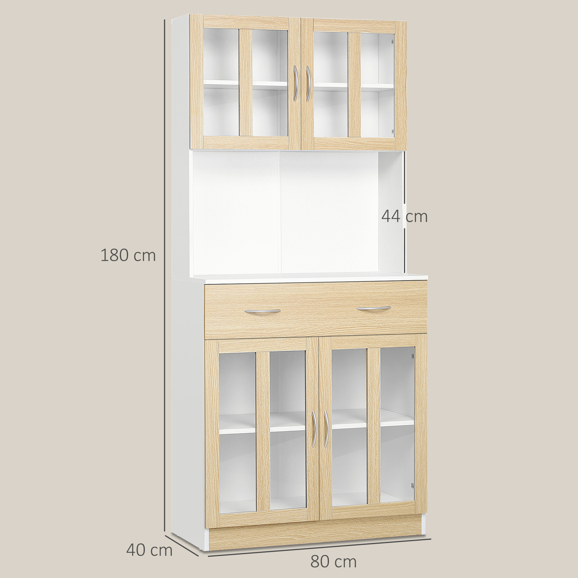Aparador blanco y de madera con puertas de cristal y cajones. Medidas: Al 180, An 80, Pr 40 cm.