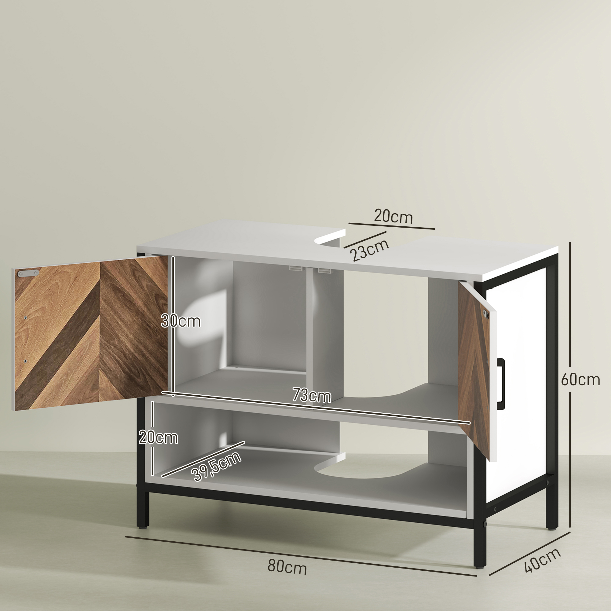 Un mueble blanco con puertas de madera, se muestran las dimensiones.