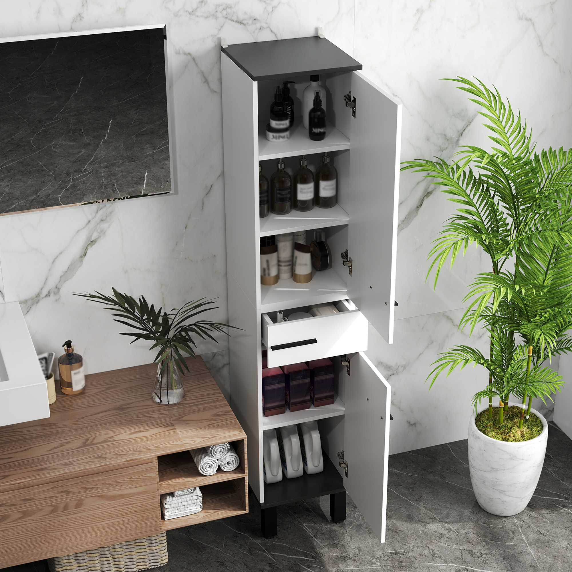 Un mueble de baño blanco con puertas abiertas, lleno de botellas y recipientes.