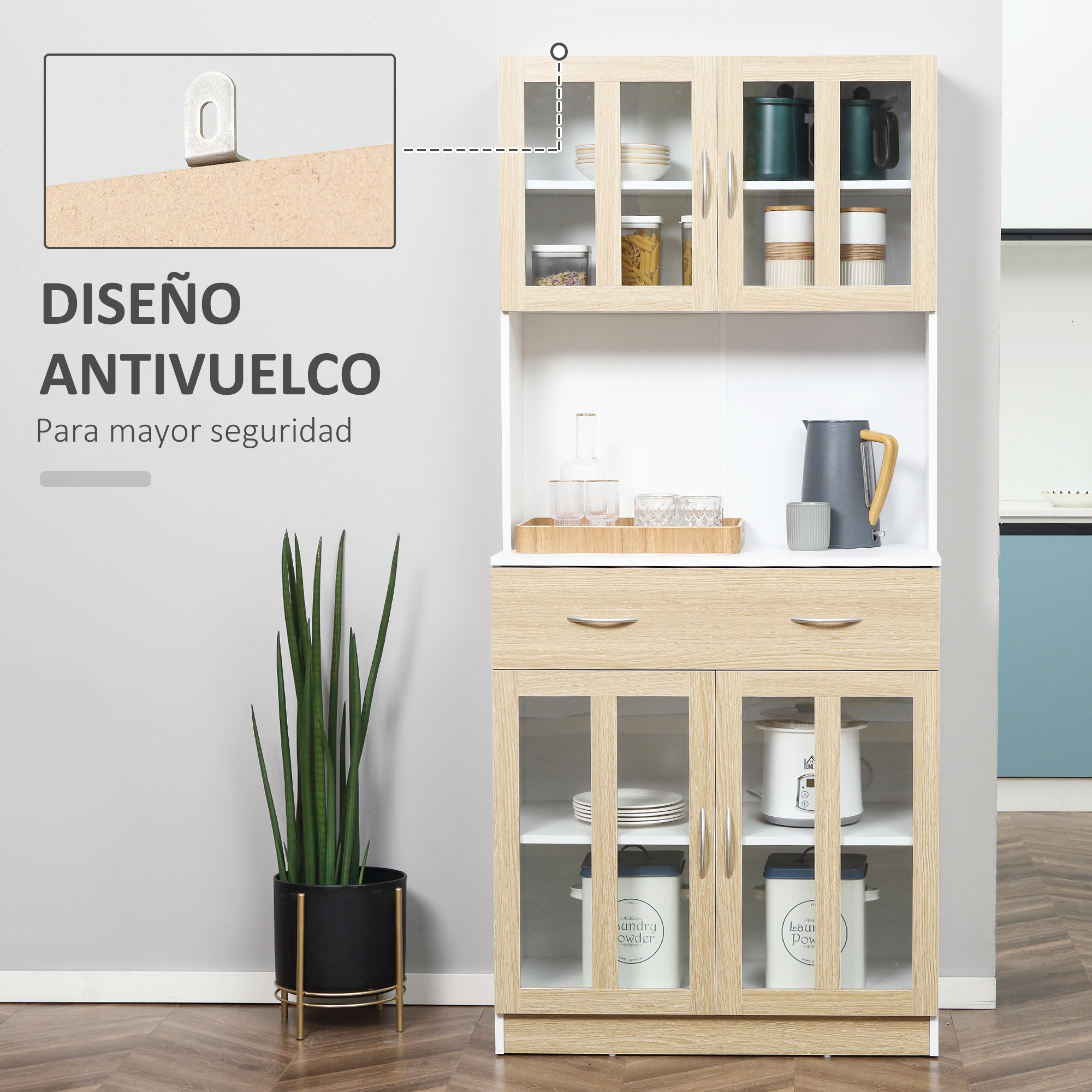 Un mueble de madera clara con puertas de cristal, lleno de platos y alimentos.