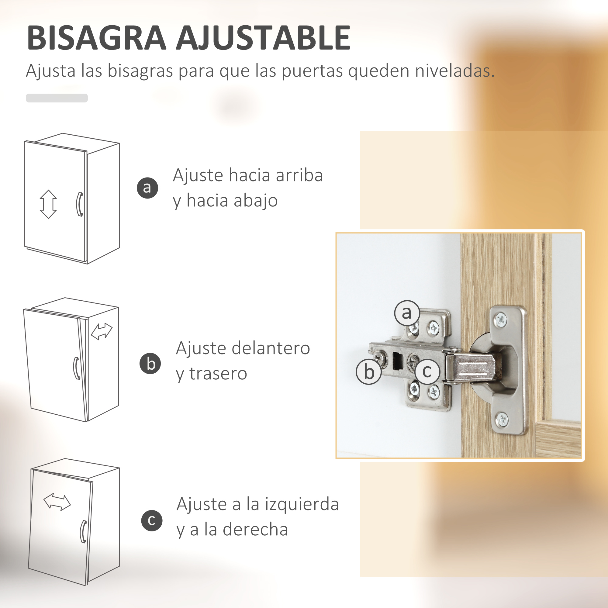 Ilustraciones para ajustar puertas de gabinete: Arriba/Abajo, Delante/Atrás.