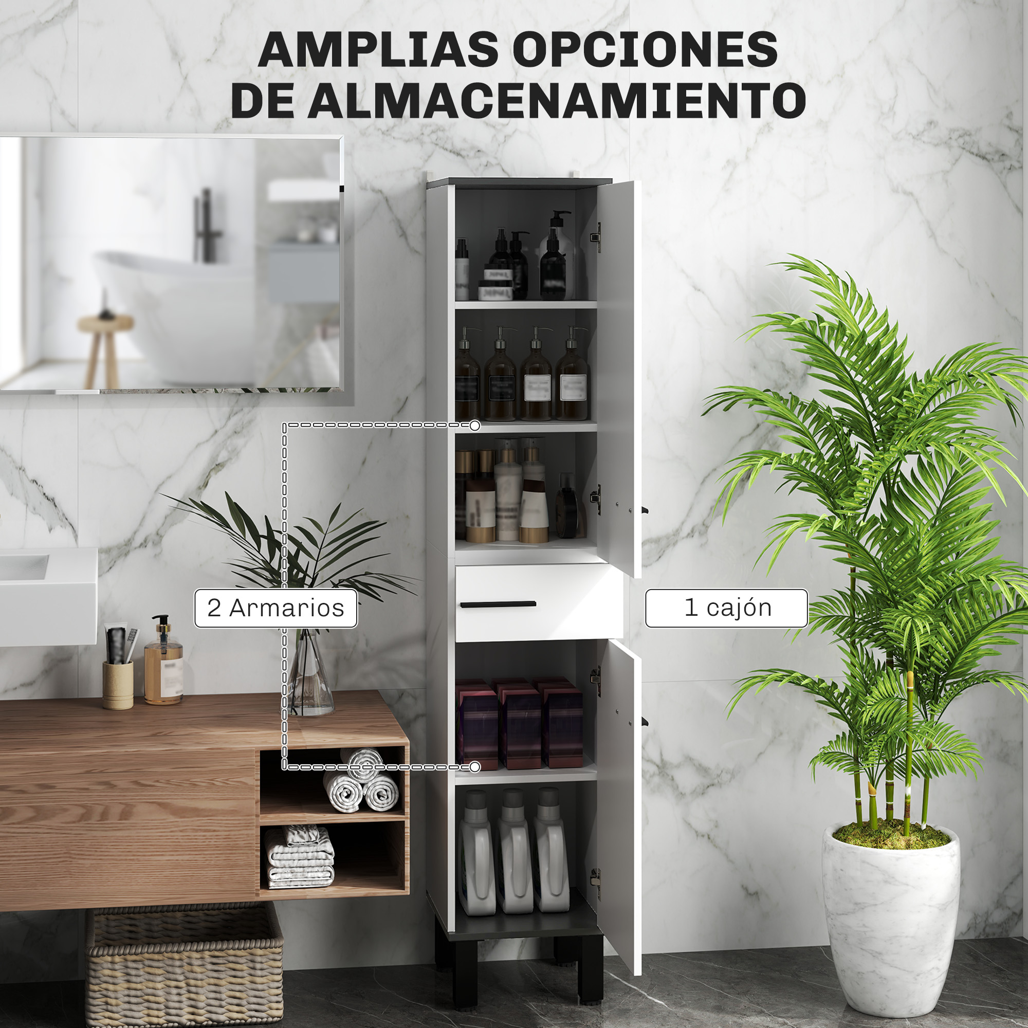Baño con azulejos de mármol, un mueble blanco estrecho y tocador de madera.