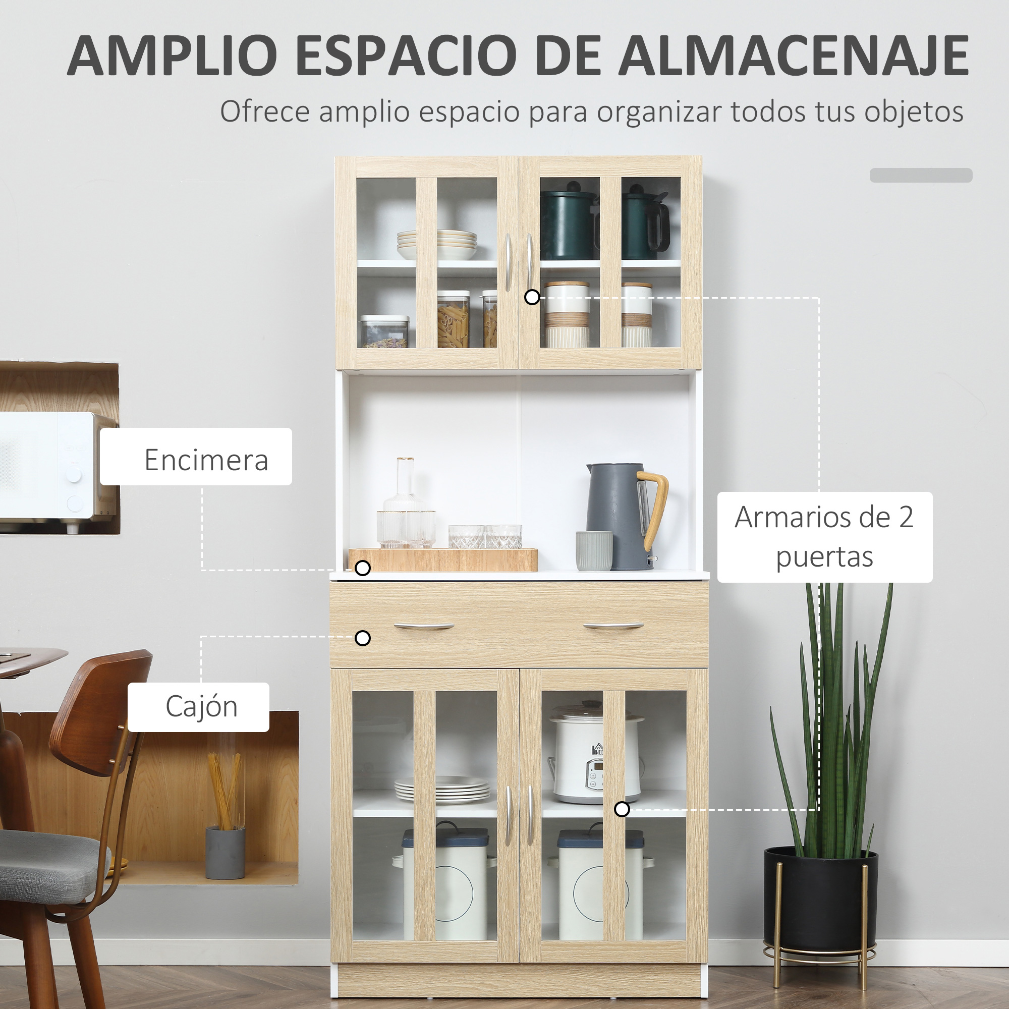 Armario de madera clara con puertas de cristal, cajones y estantes con platos y aparatos.