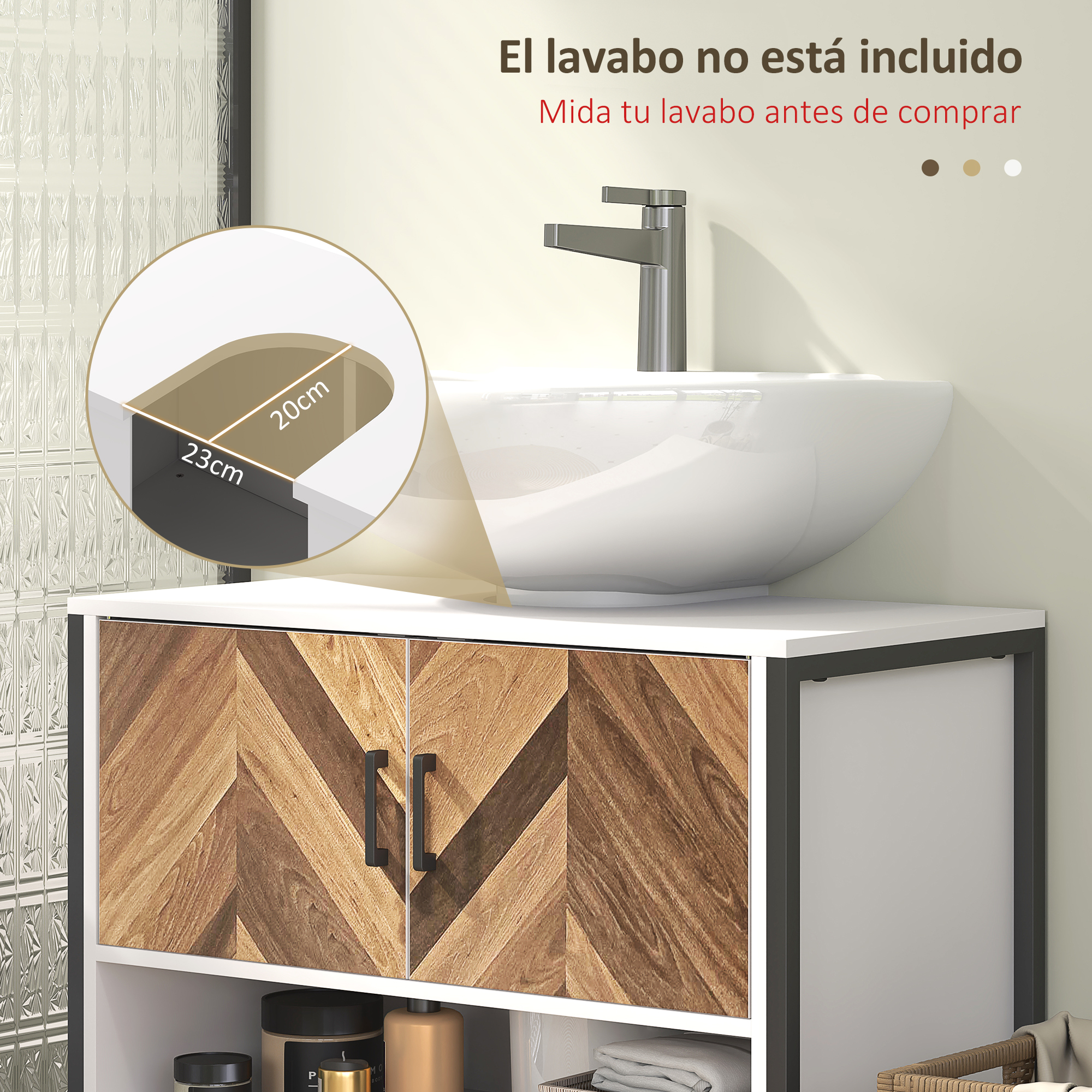 Un mueble de baño con puertas de patrón de madera y lavabo blanco. Se muestran dimensiones.