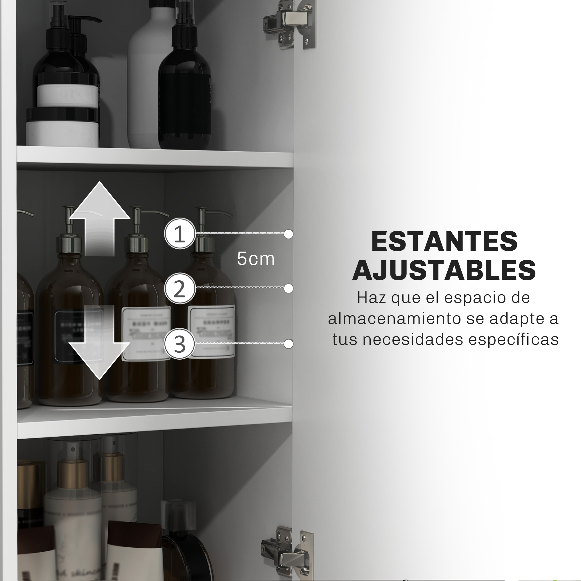 Armario con estantes ajustables y botellas de vidrio marrón.