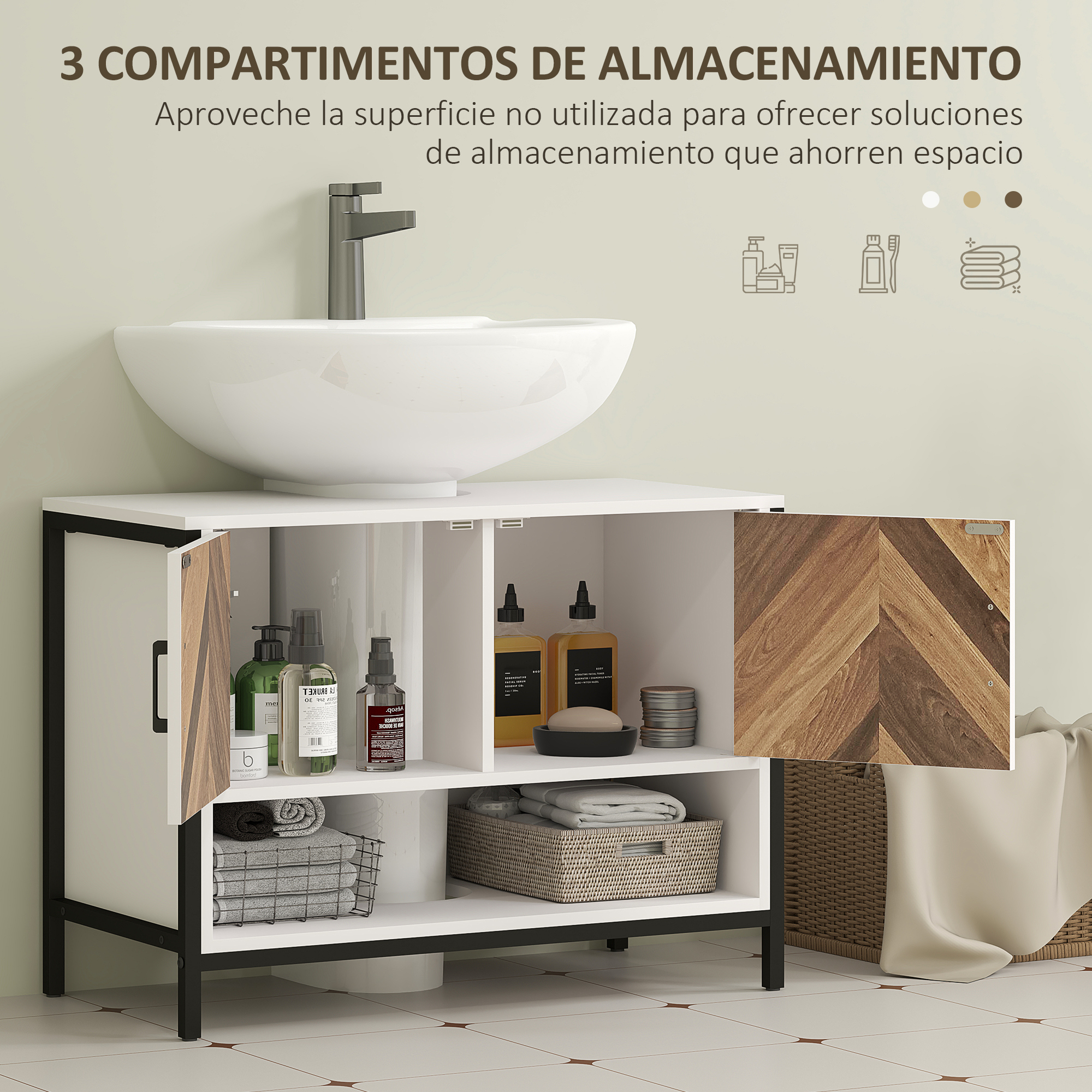 Un mueble de baño blanco con lavabo y grifo sobre suelo de baldosas.