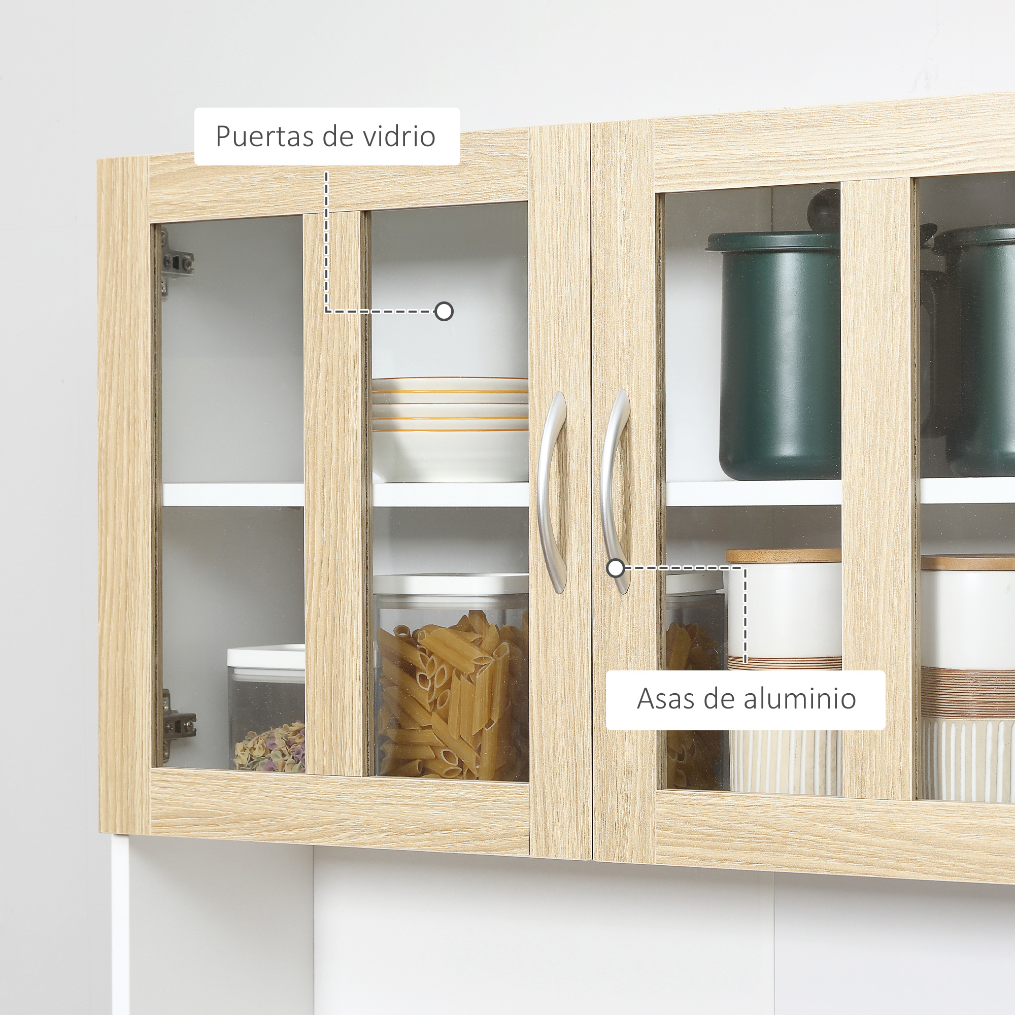 Un armario de madera con puertas de cristal, lleno de comida y recipientes.