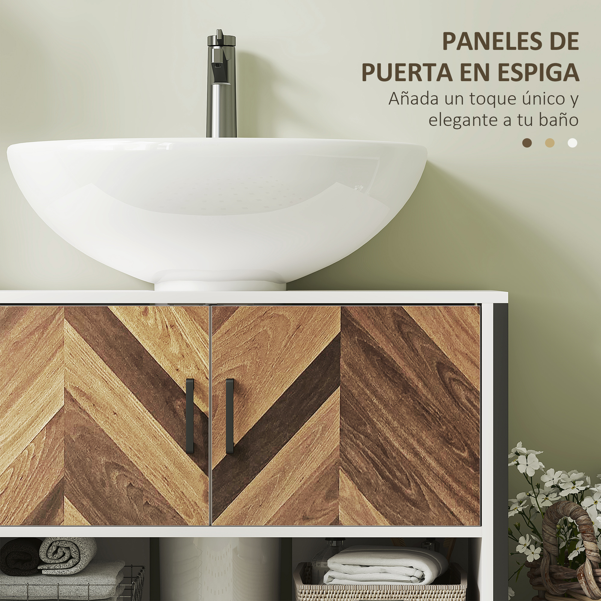 Mueble de baño con puertas de espiga, lavabo blanco y grifo. Toallas debajo.