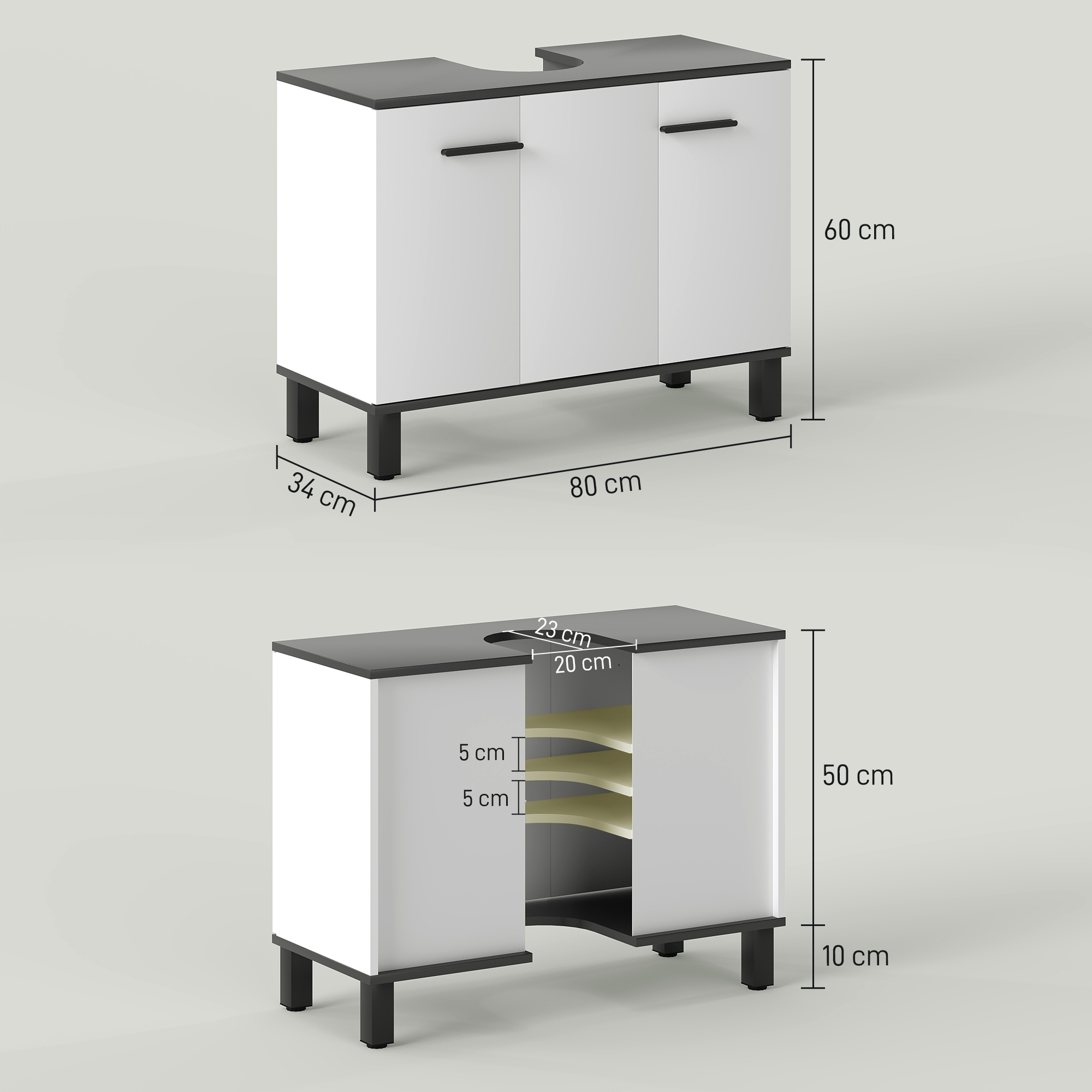 Un mueble blanco con tapa y patas negras, mostrando medidas.