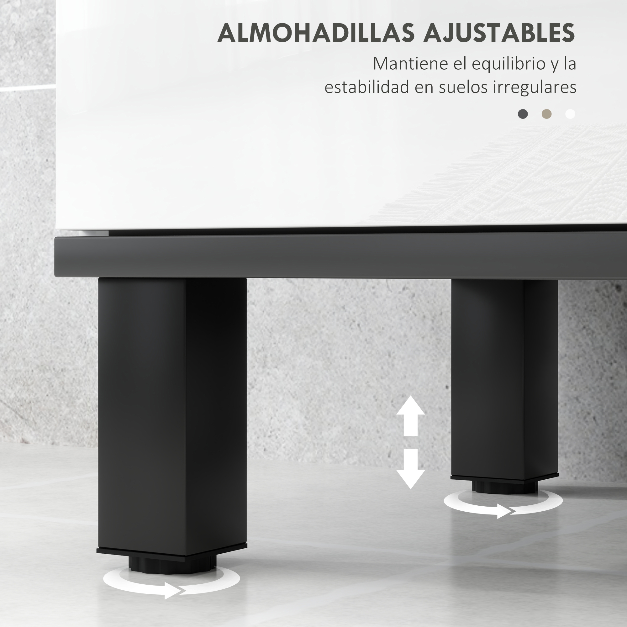 Pies ajustables para estabilidad en suelos irregulares, con iconos de giro y ajuste de altura.