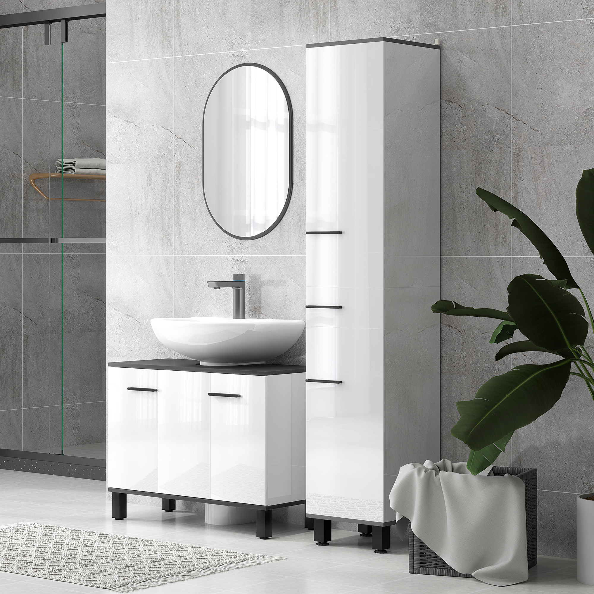 Baño moderno con gabinetes blancos, lavabo, espejo ovalado, ducha y planta.