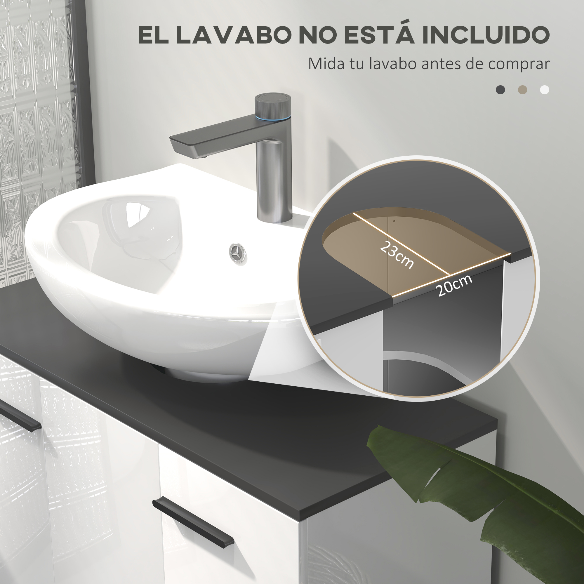 Un lavabo blanco con grifo sobre un mueble oscuro. Vista de detalle muestra dimensiones.