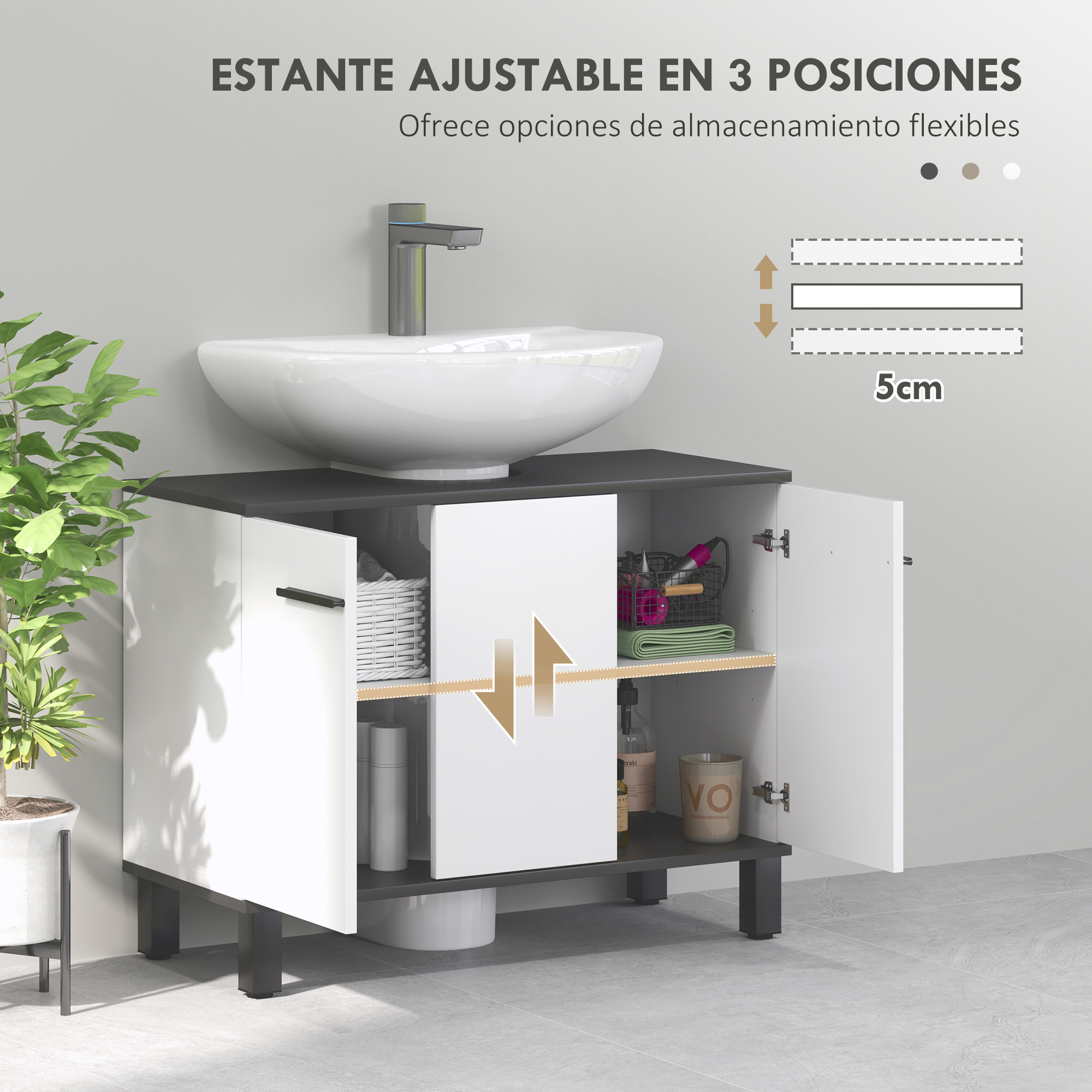 Armario de baño blanco con lavabo y grifo. Puertas abiertas muestran estantes con objetos.