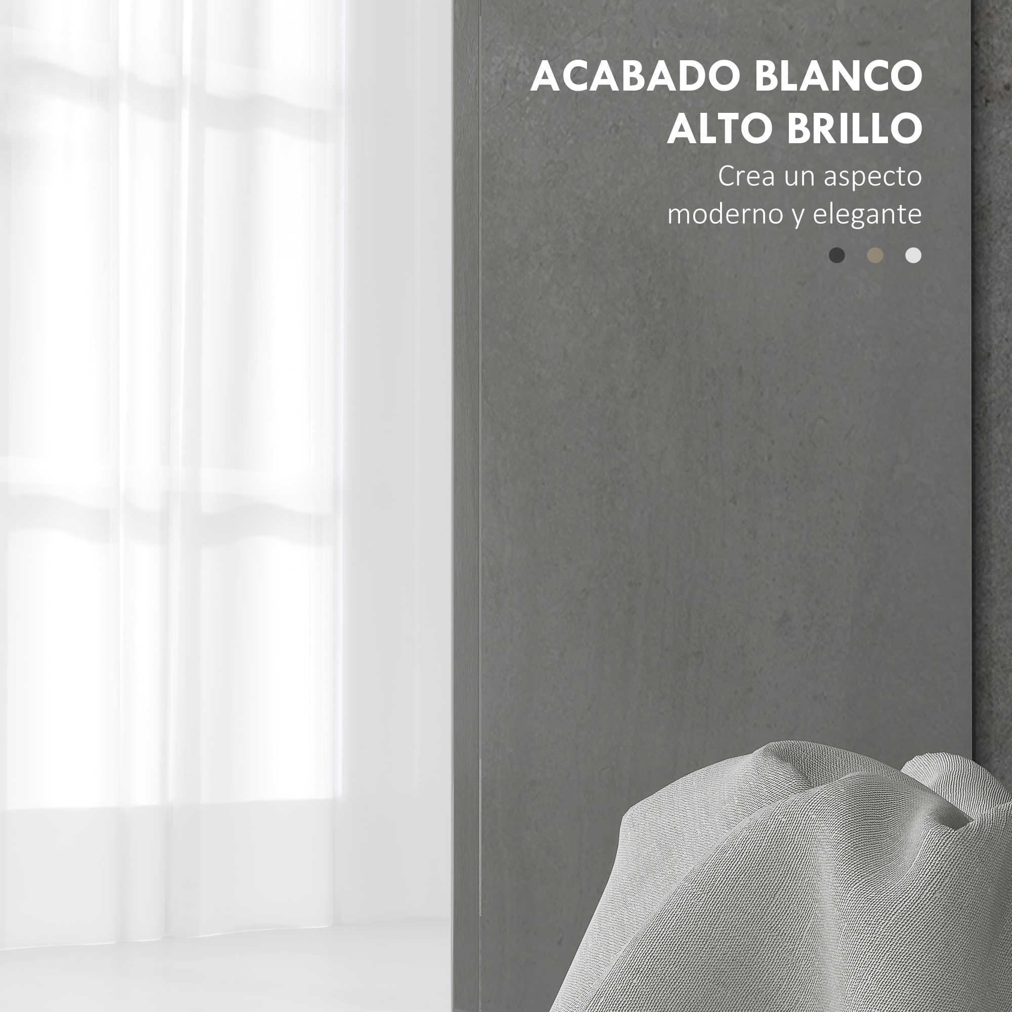Piedra gris, cortina blanca, tela. Texto: Blanco alto brillo.
