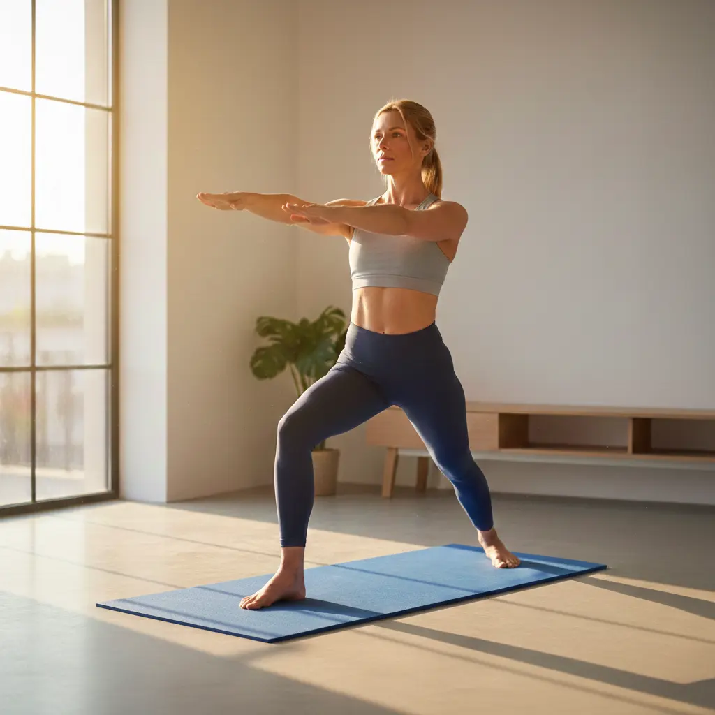 Woman in warrior pose on yoga mat in a bright room.