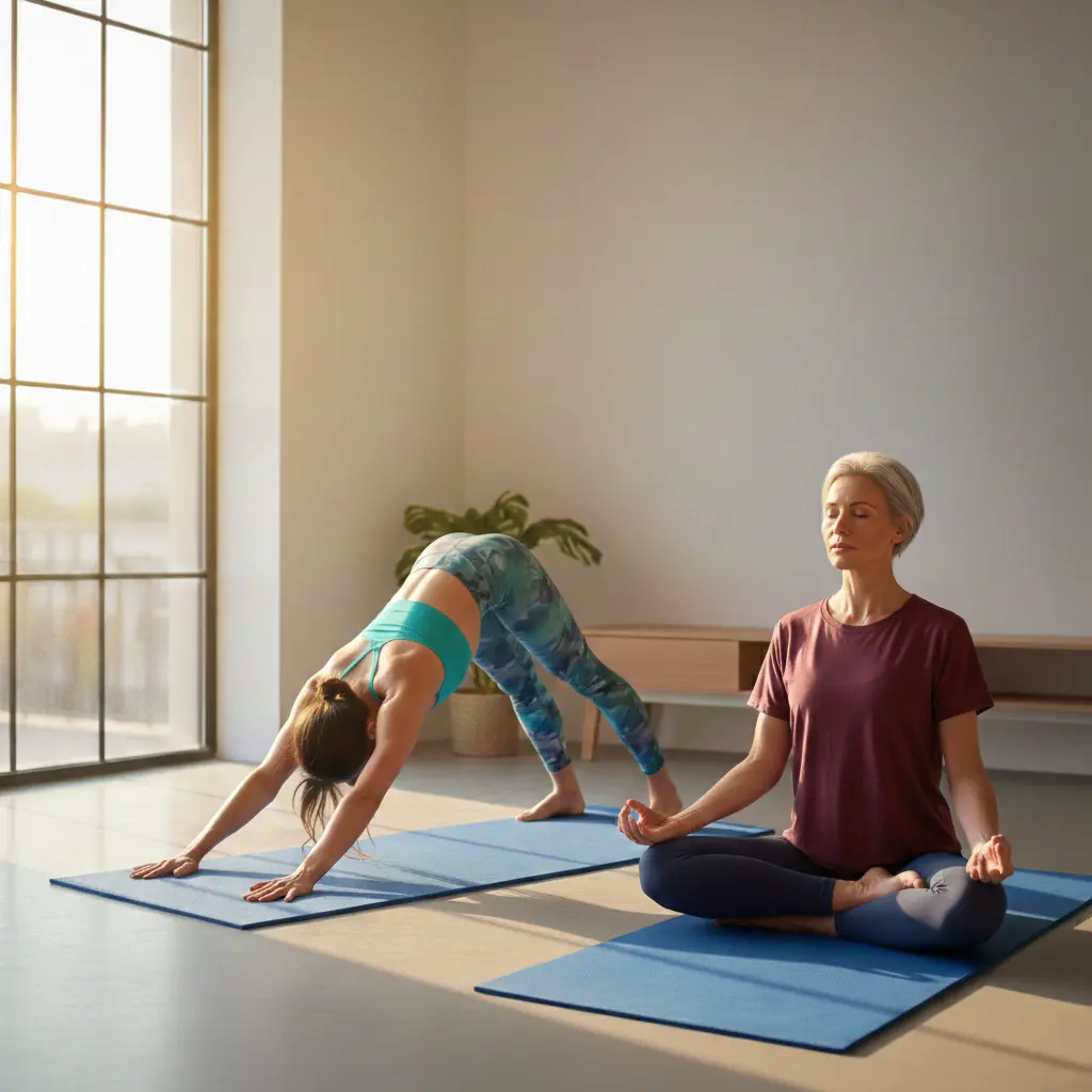 Woman in downward dog pose, woman meditates in lotus pose on mats.