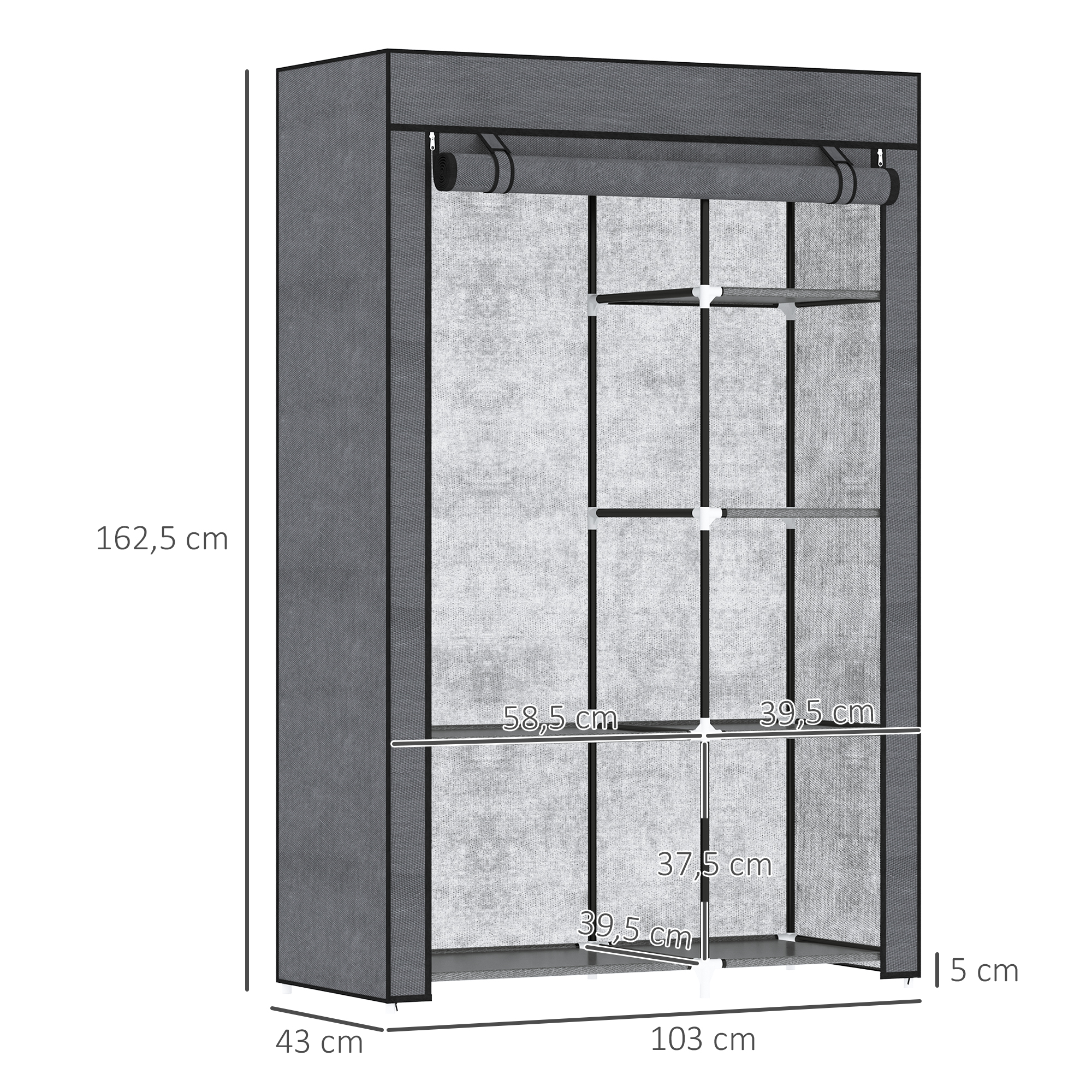 Armario de tela gris con varios estantes y barra para colgar. Dimensiones: 162,5x103x43cm.
