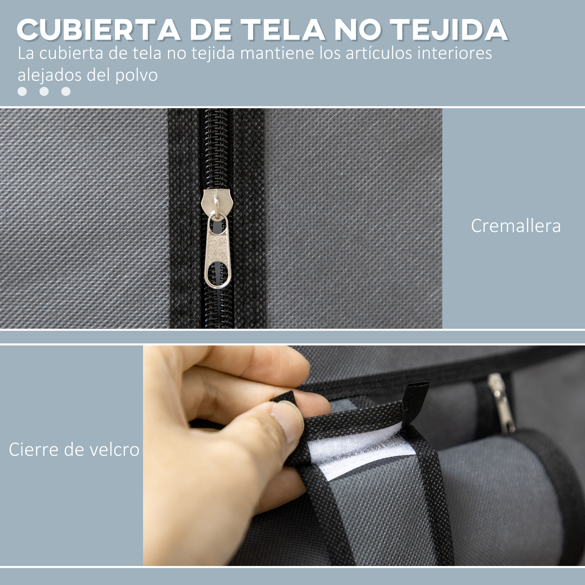 Funda de tela gris con cremallera y cierre de velcro.