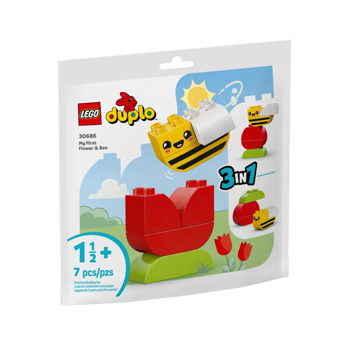 Confezione LEGO Duplo con mattoncini a forma di fiori e api.