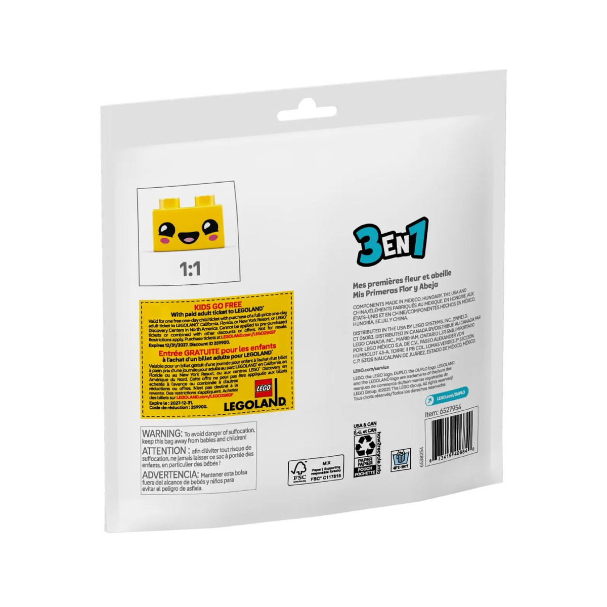 Confezione LEGO gialla con logo "3 in 1", testa LEGO gialla carina e testo di avviso.