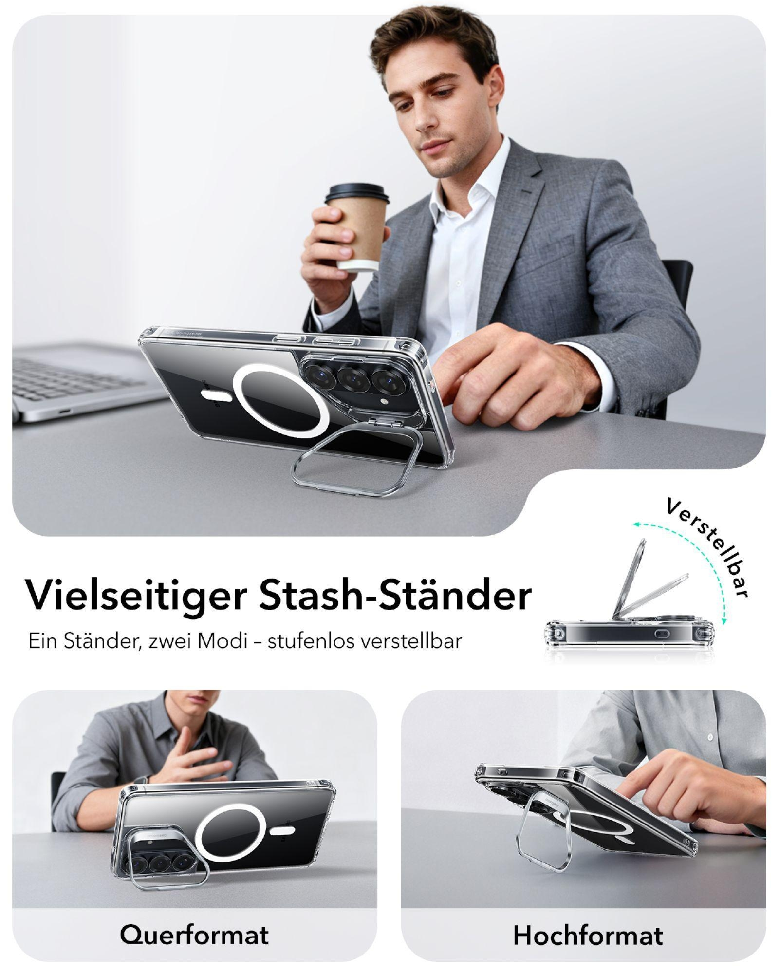 Mann mit Kaffee und Handyhülle mit Ständer in Quer- und Hochformat.