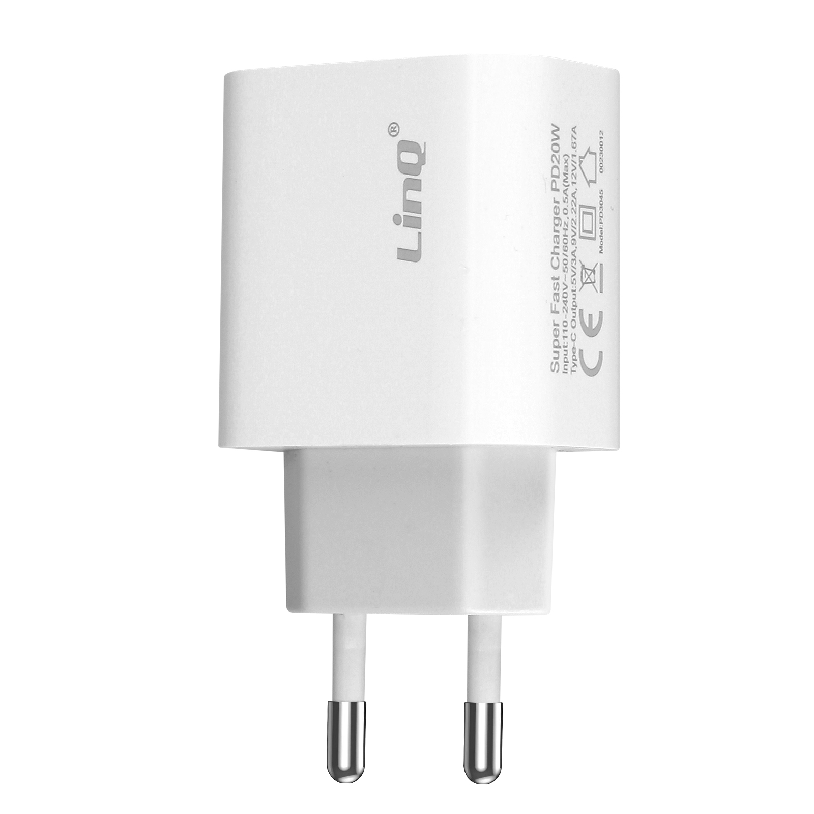 Un chargeur rapide USB-C blanc de marque Linq avec deux broches métalliques.