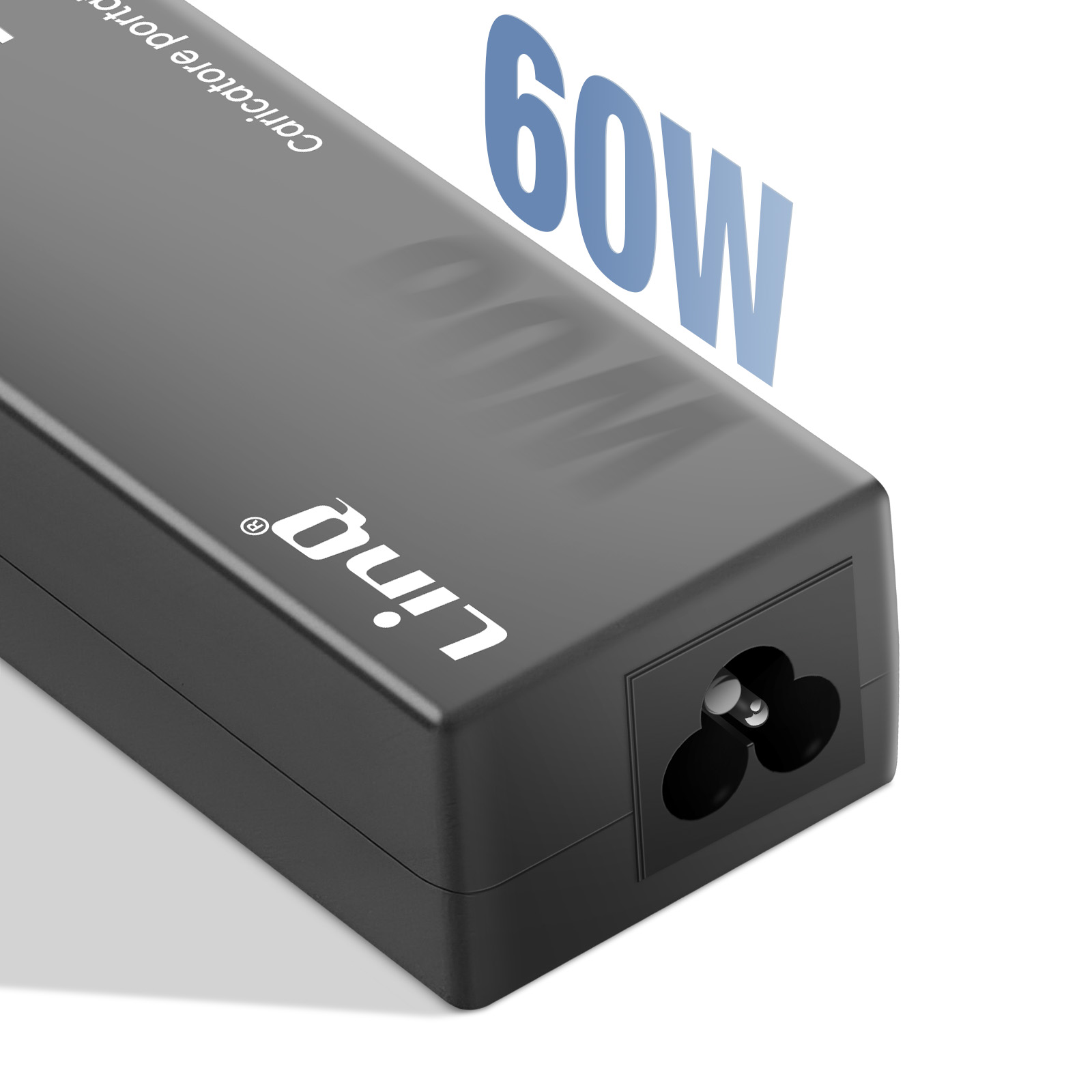 Alimentatore nero con testo 60W e porta.
