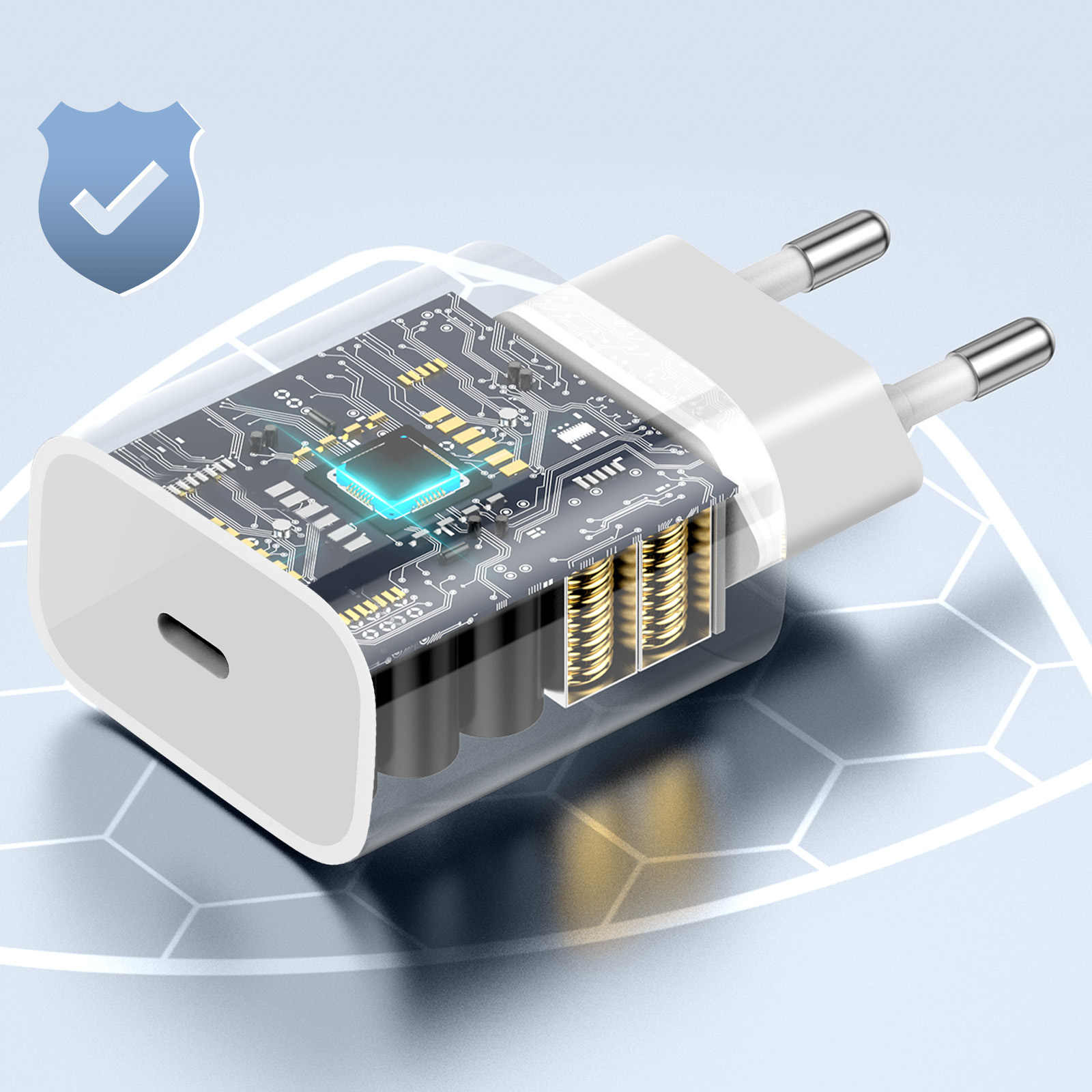 Adaptateur de charge transparent montrant circuit imprimé, bobines et puce bleue.
