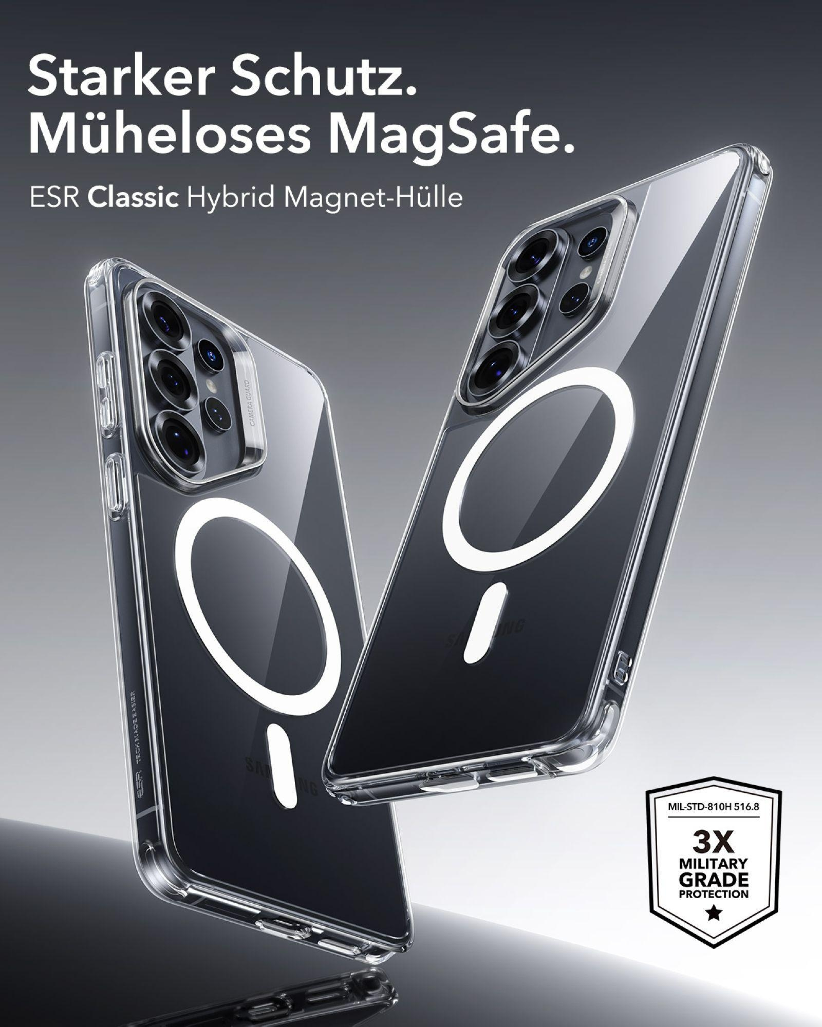 Zwei transparente Handyhüllen mit MagSafe-Ring auf grauem Hintergrund.