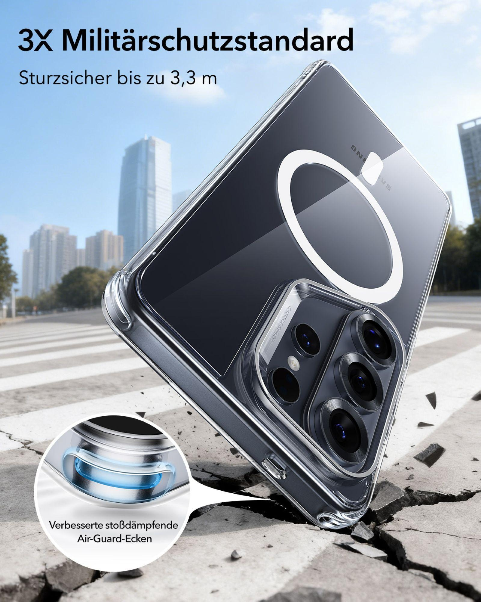 Transparente Handyhülle mit Air-Guard-Ecken auf zerkrümeltem Boden.