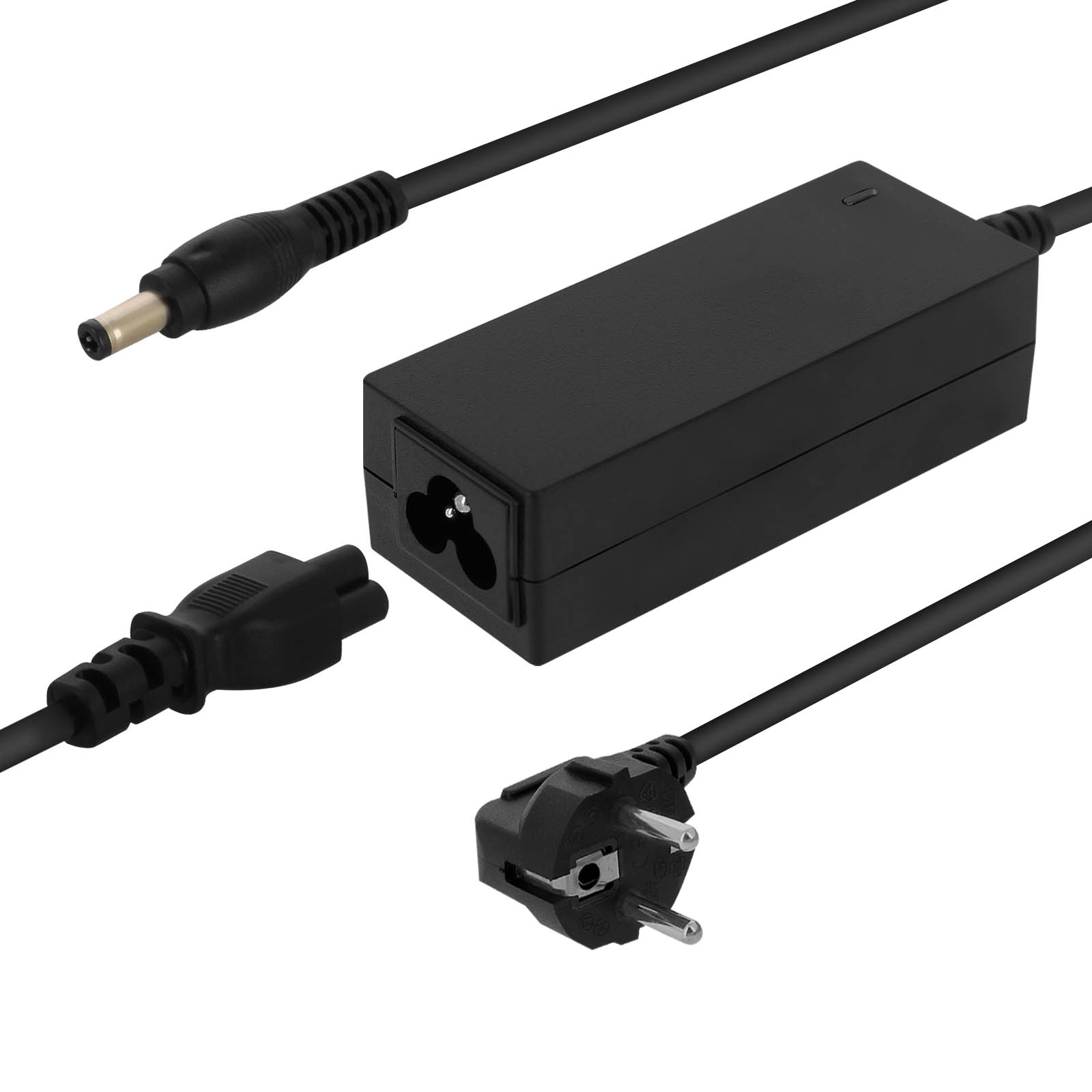 Un adaptador de corriente negro para portátil con cables y enchufes.