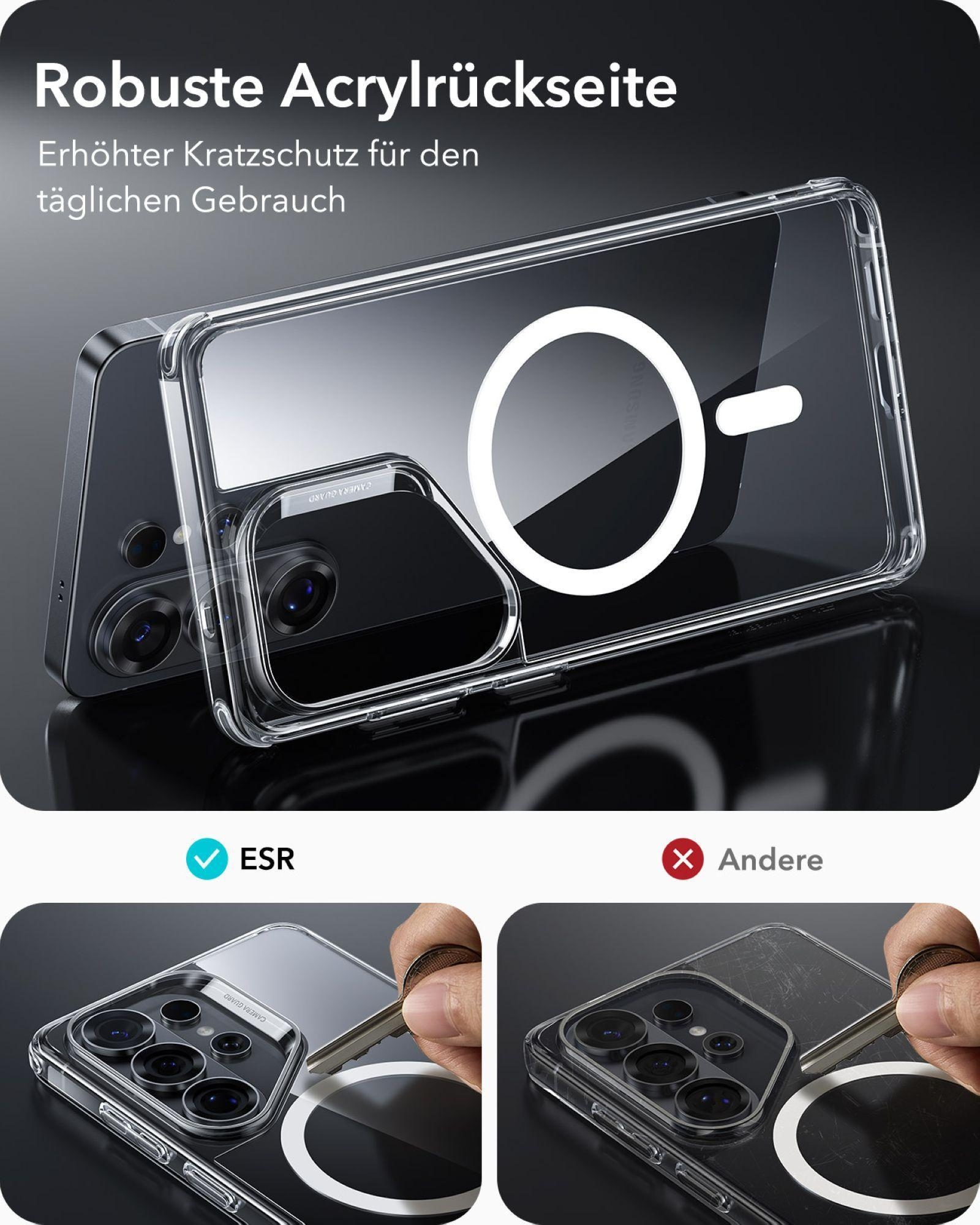 Transparente Handyhülle mit MagSafe-Ring, zeigt Kratzfestigkeitstest.