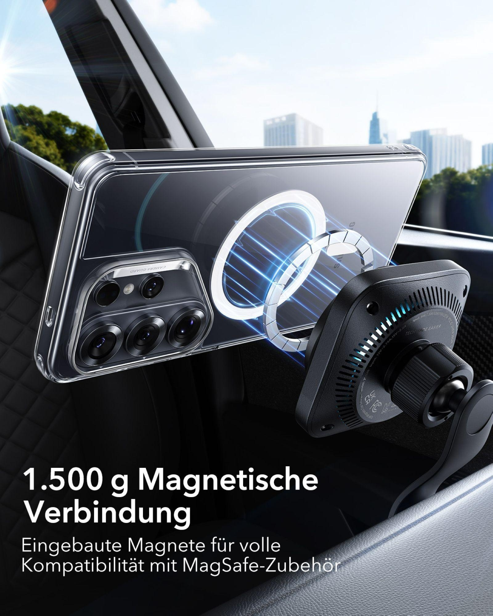 Ein schwarzer Magnethalter mit einem Handy in einer transparenten Hülle im Auto.