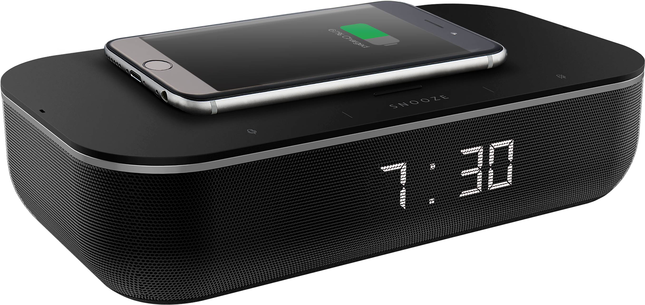 Ein schwarzer Wecker mit beleuchtetem Display zeigt 7:30. Ein Smartphone lädt auf der Oberseite.