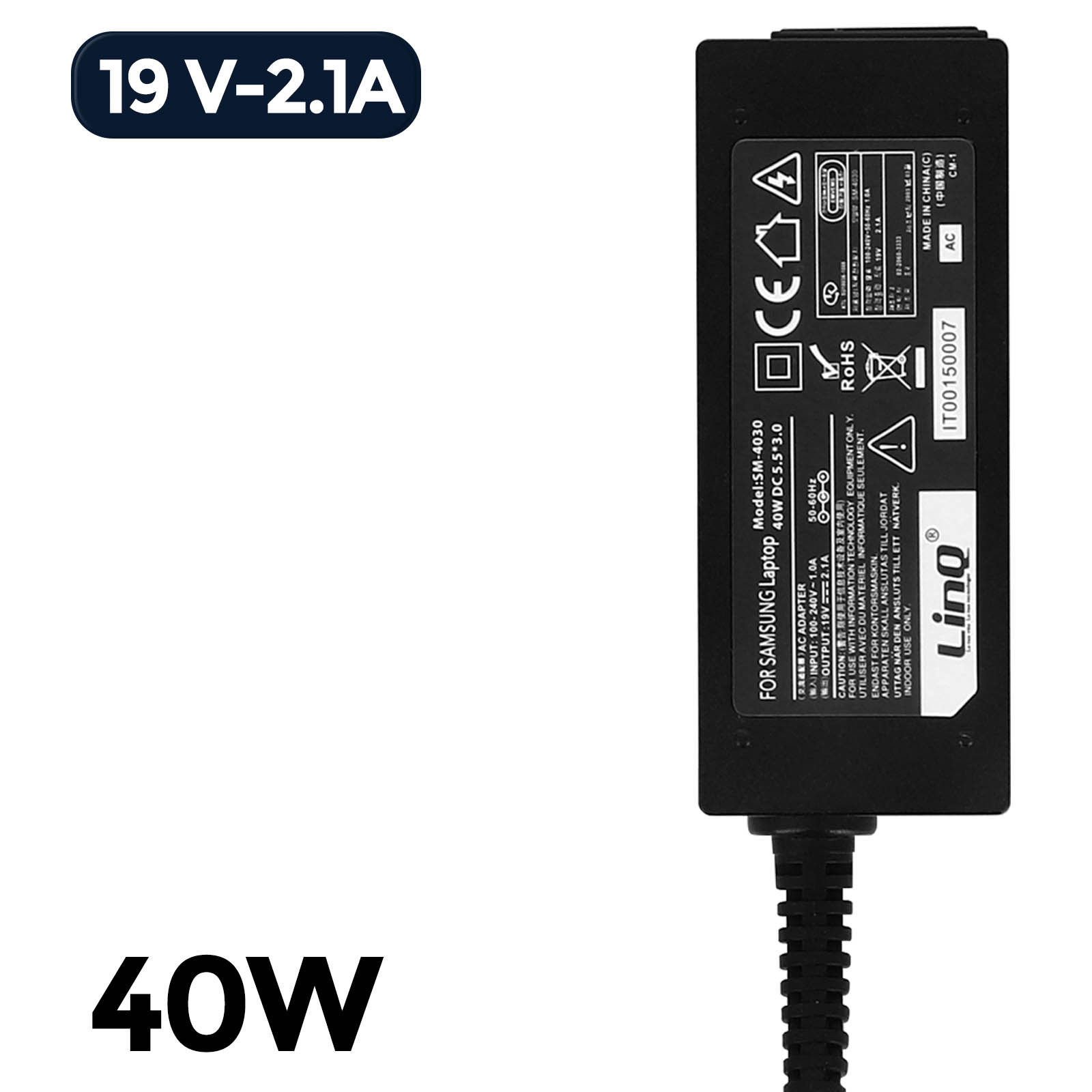 Adaptador de corriente negro para portátil, 19V, 2.1A, 40W. Modelo SM-4030.