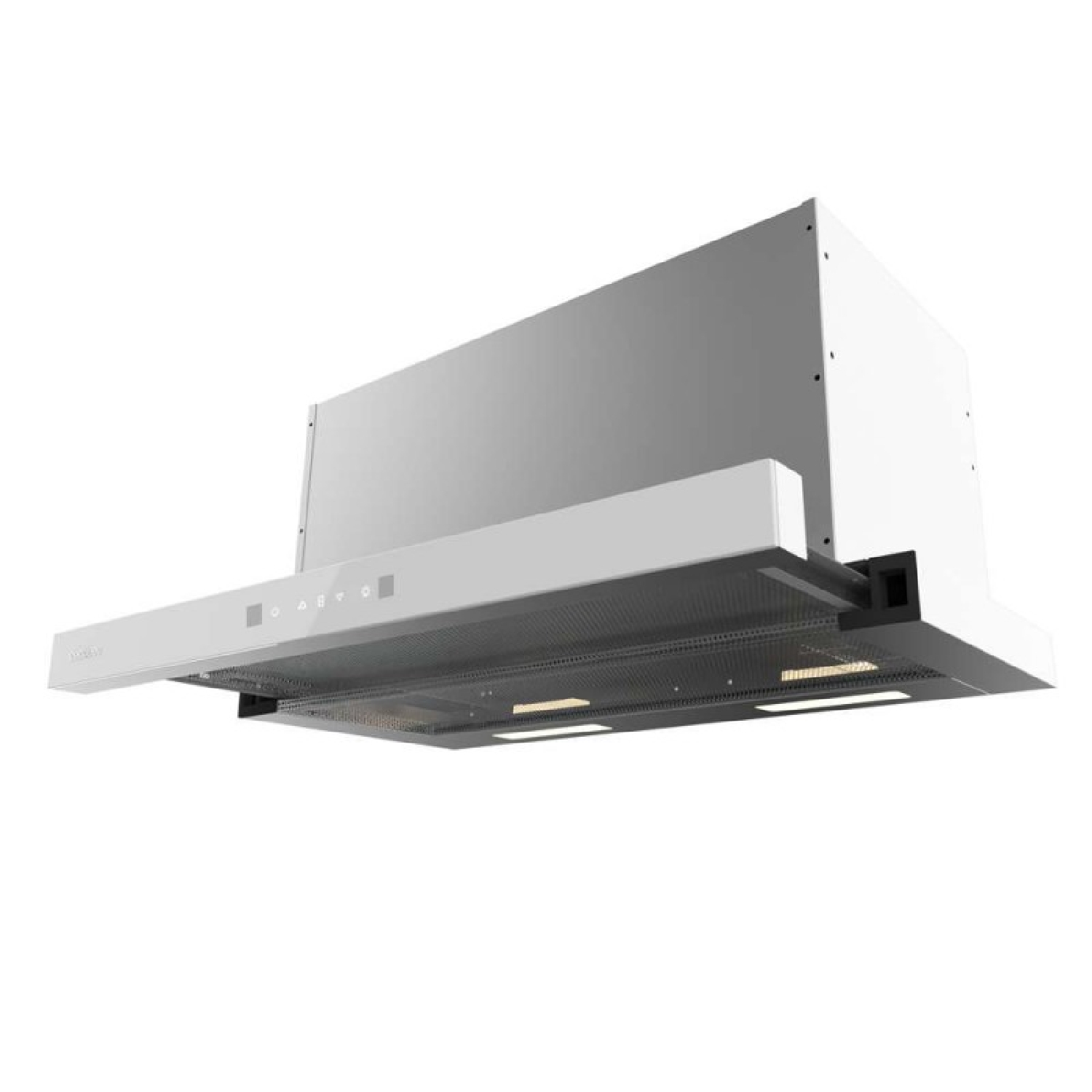 Una campana extractora blanca moderna con rejilla metálica y luces.