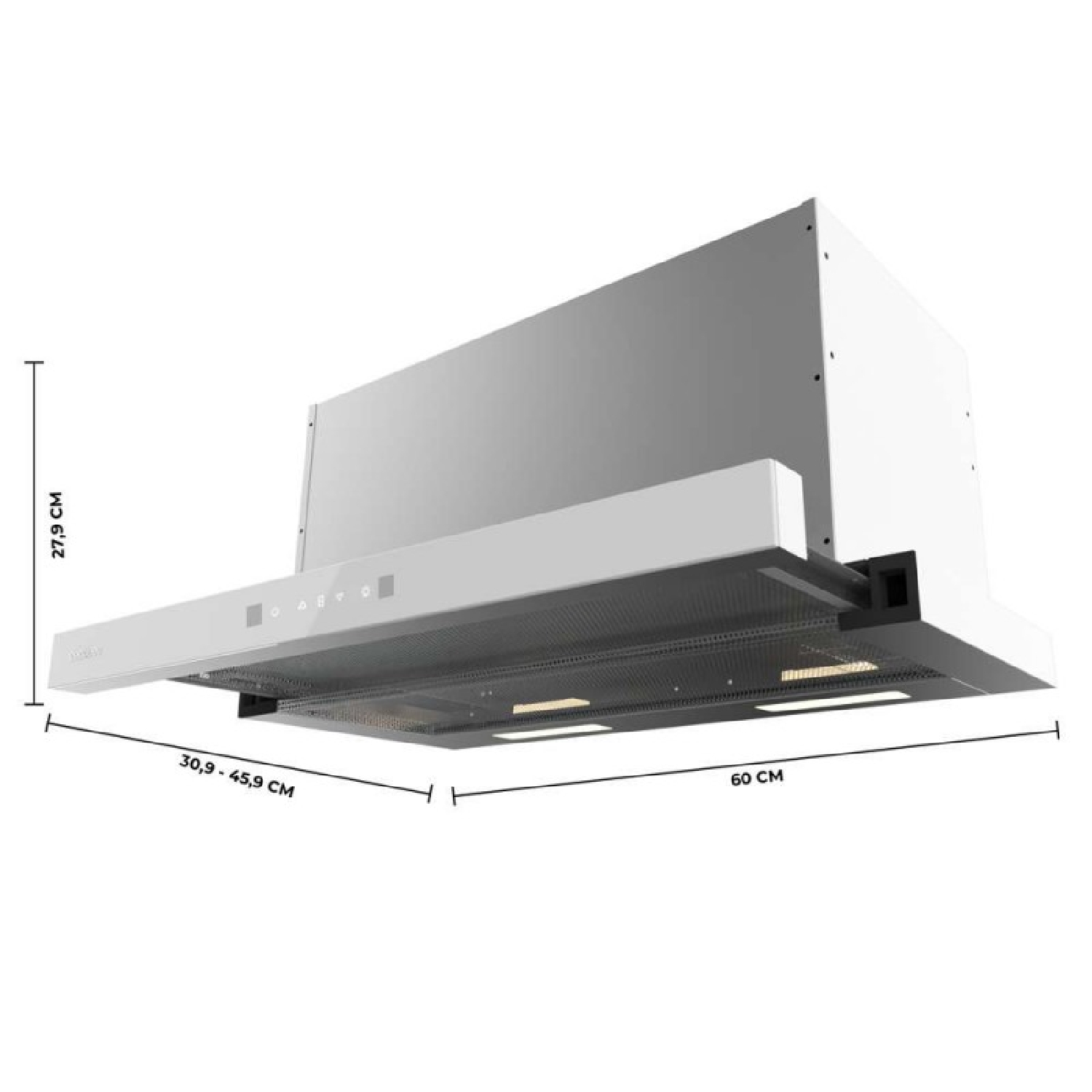 Una campana extractora blanca con filtro metálico y luces, dimensiones mostradas.