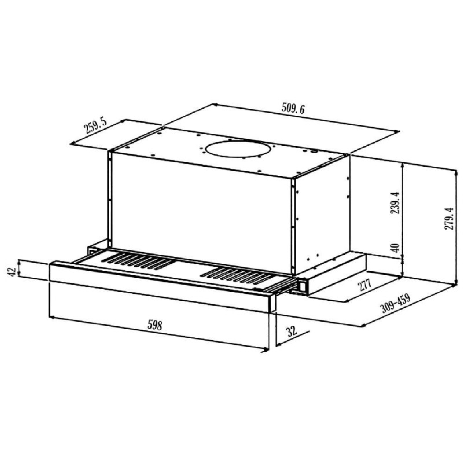 Dibujo técnico de una campana extractora con dimensiones.