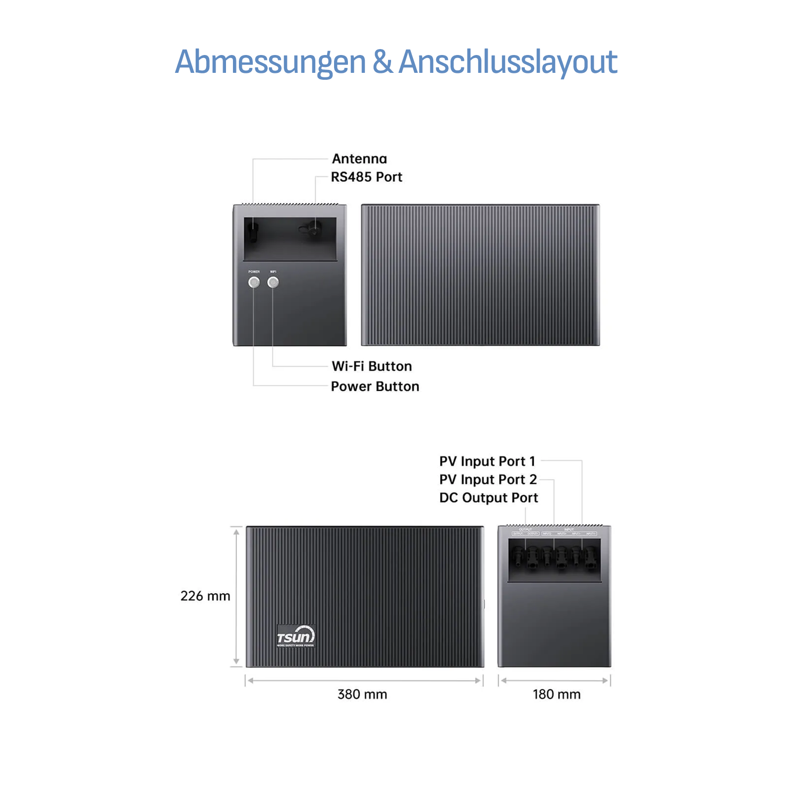 Abmessungen und Anschlüsse eines schwarzen Geräts mit Beschriftungen.