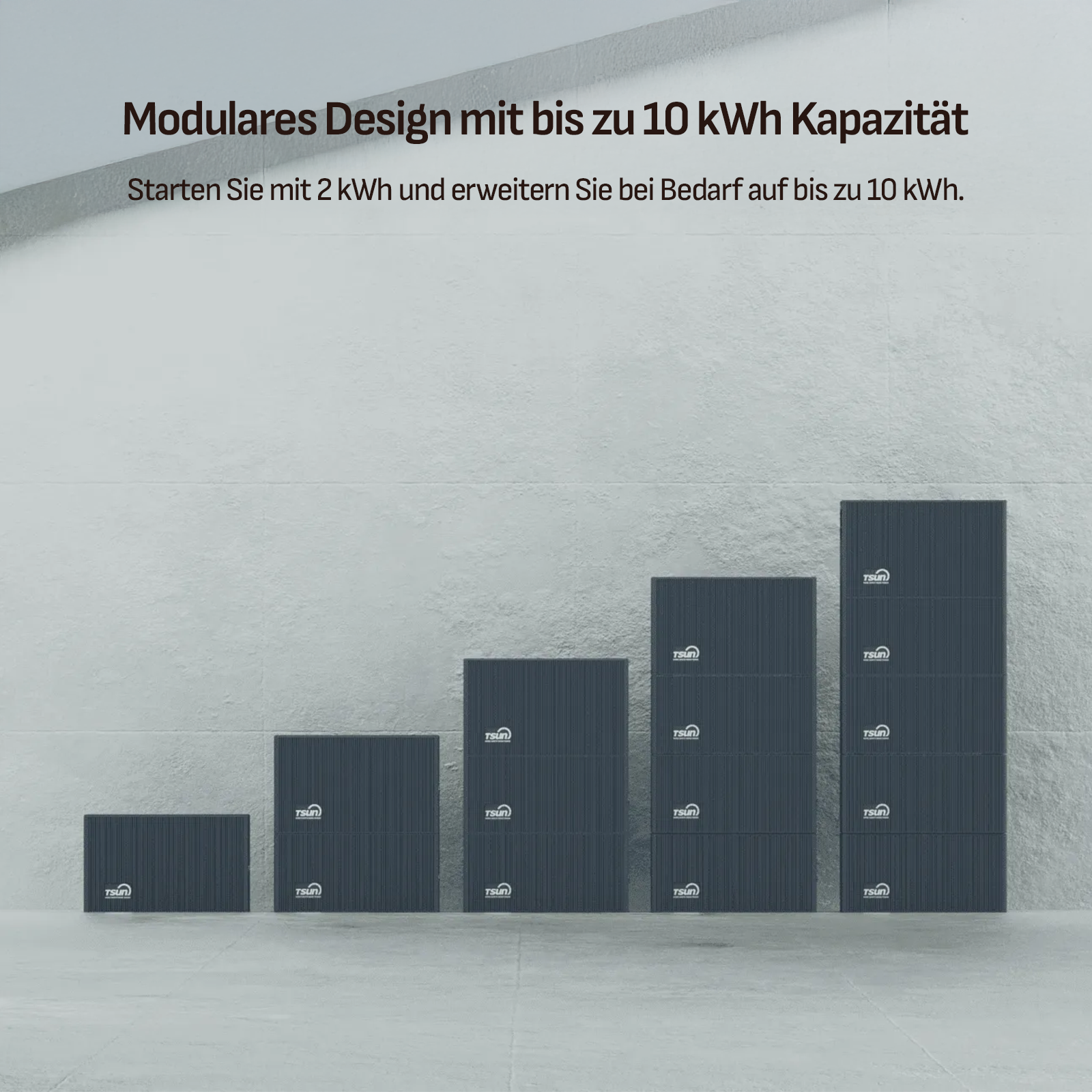 Graue Batteriemodule in steigender Höhe auf grauem Boden vor Betonwand.