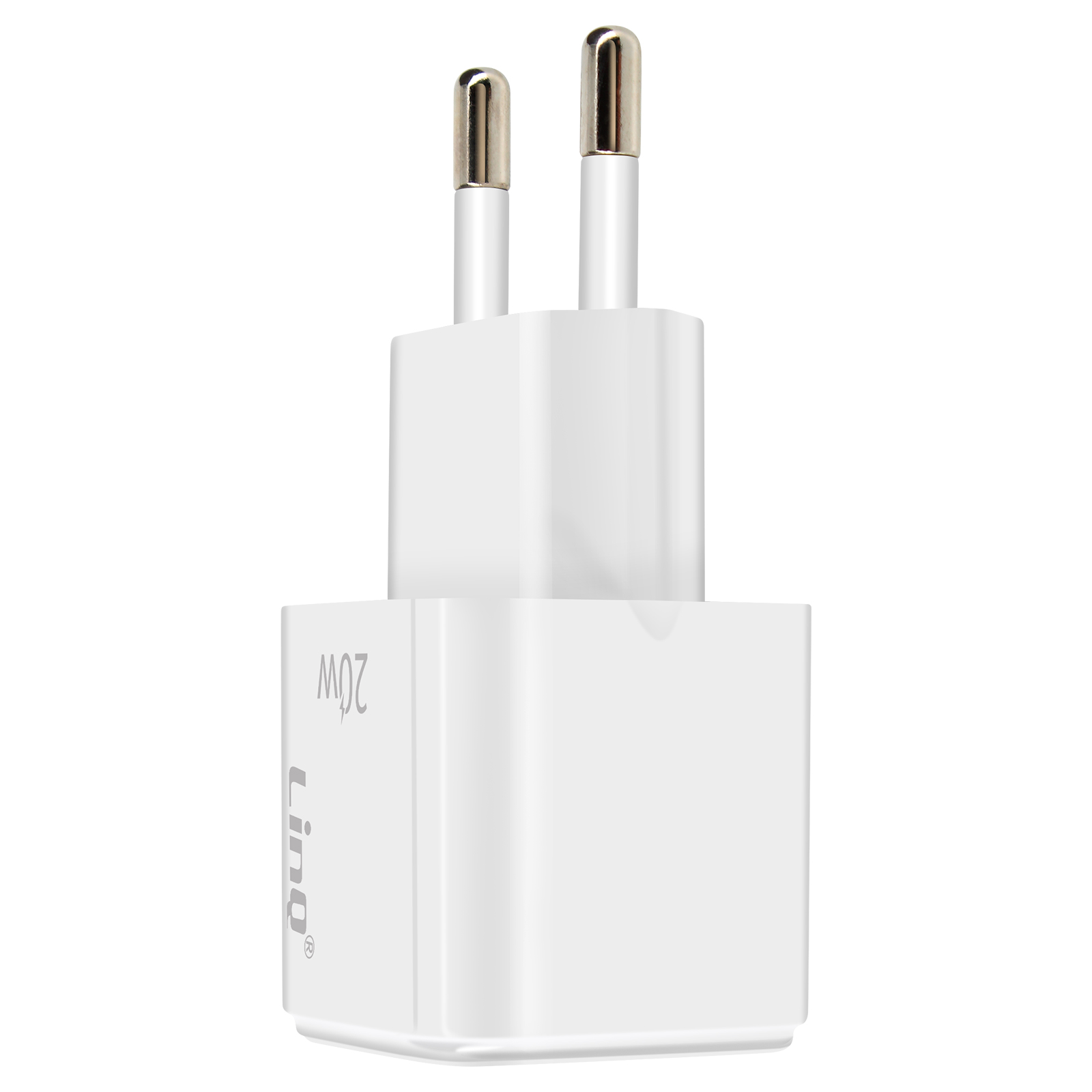 Un alimentatore bianco da 20W con due poli argentati.