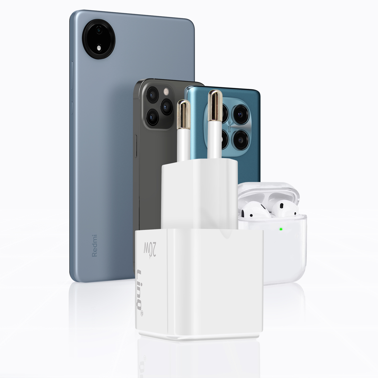 Tre smartphone, un adattatore di ricarica e auricolari bianchi.