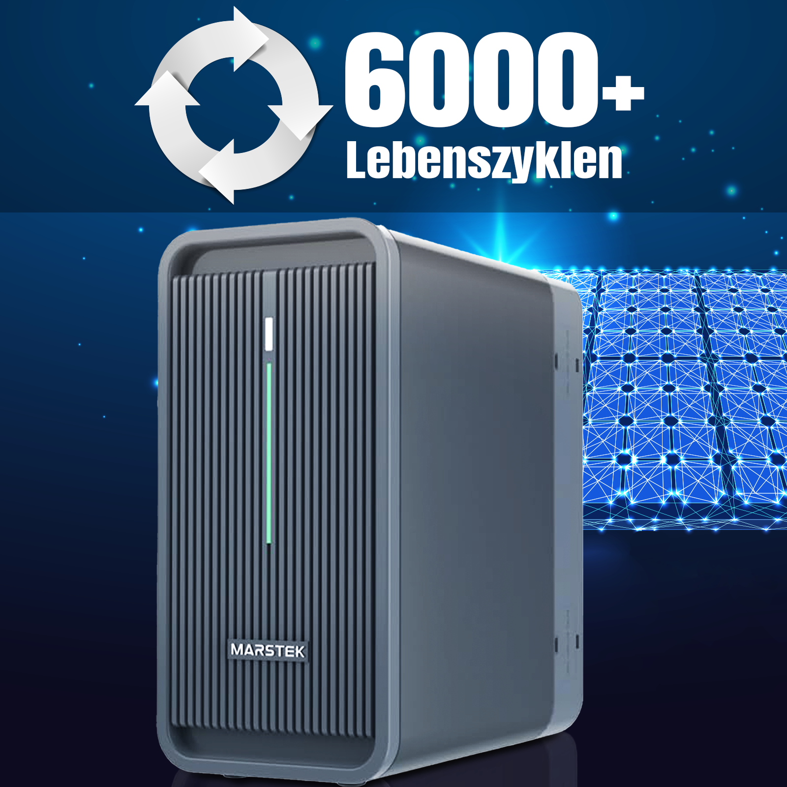 Ein graues Marstek-Gerät steht vor einem blauen Hintergrund mit Netzwerkmuster.