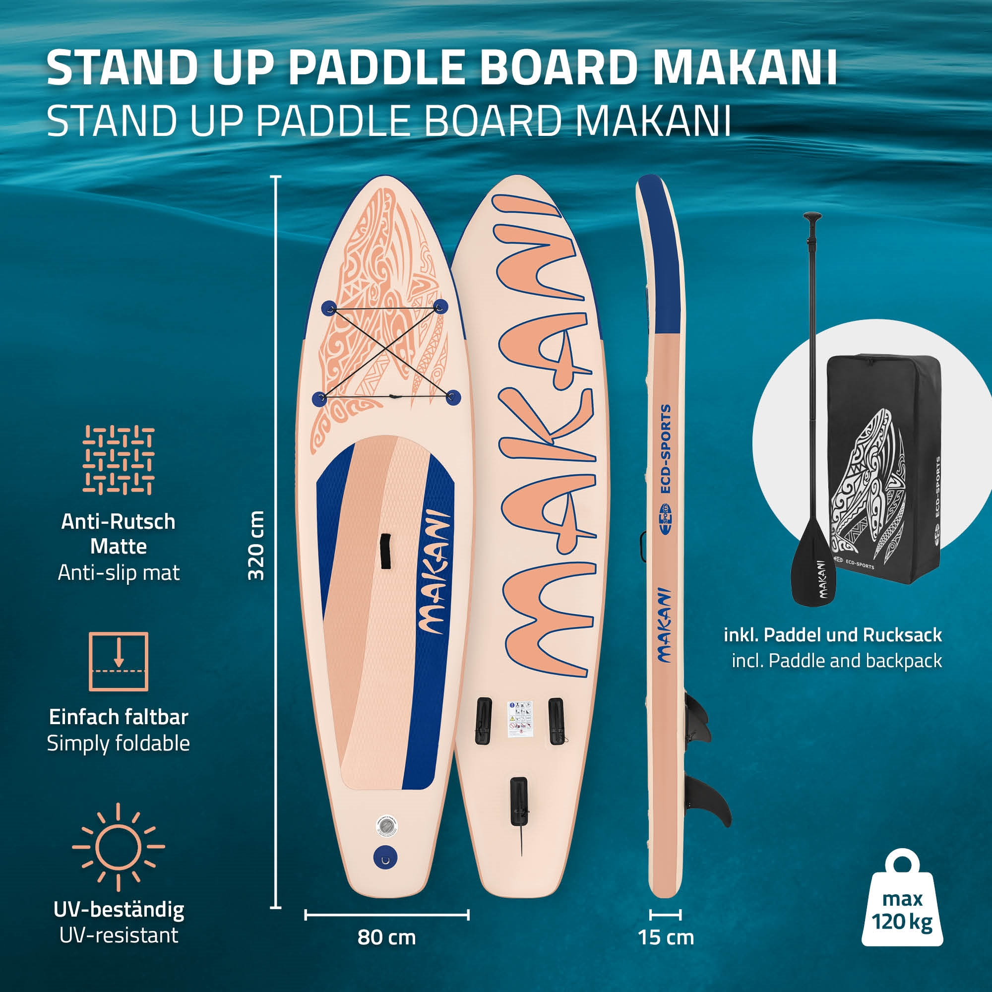 Stand Up Paddle Board Makani, beige mit blauen Akzenten, 320x80x15cm, inkl. Zubehör.